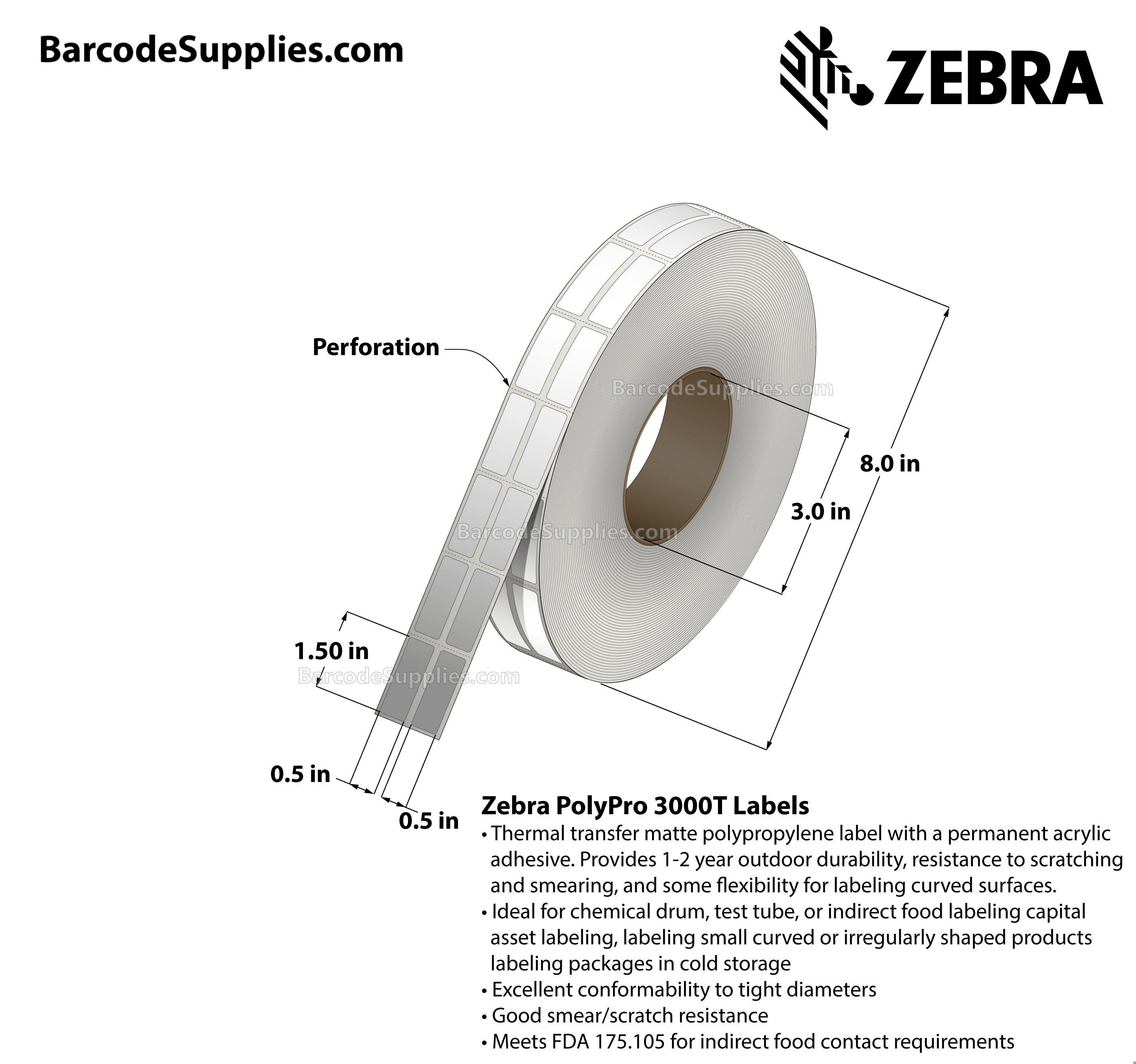 0.5 x 1.5 Thermal Transfer White PolyPro 3000T (2-Across) Labels With Permanent Adhesive - Perforated - 2000 Labels Per Roll - Carton Of 1 Rolls - 2000 Labels Total - MPN: 10023264