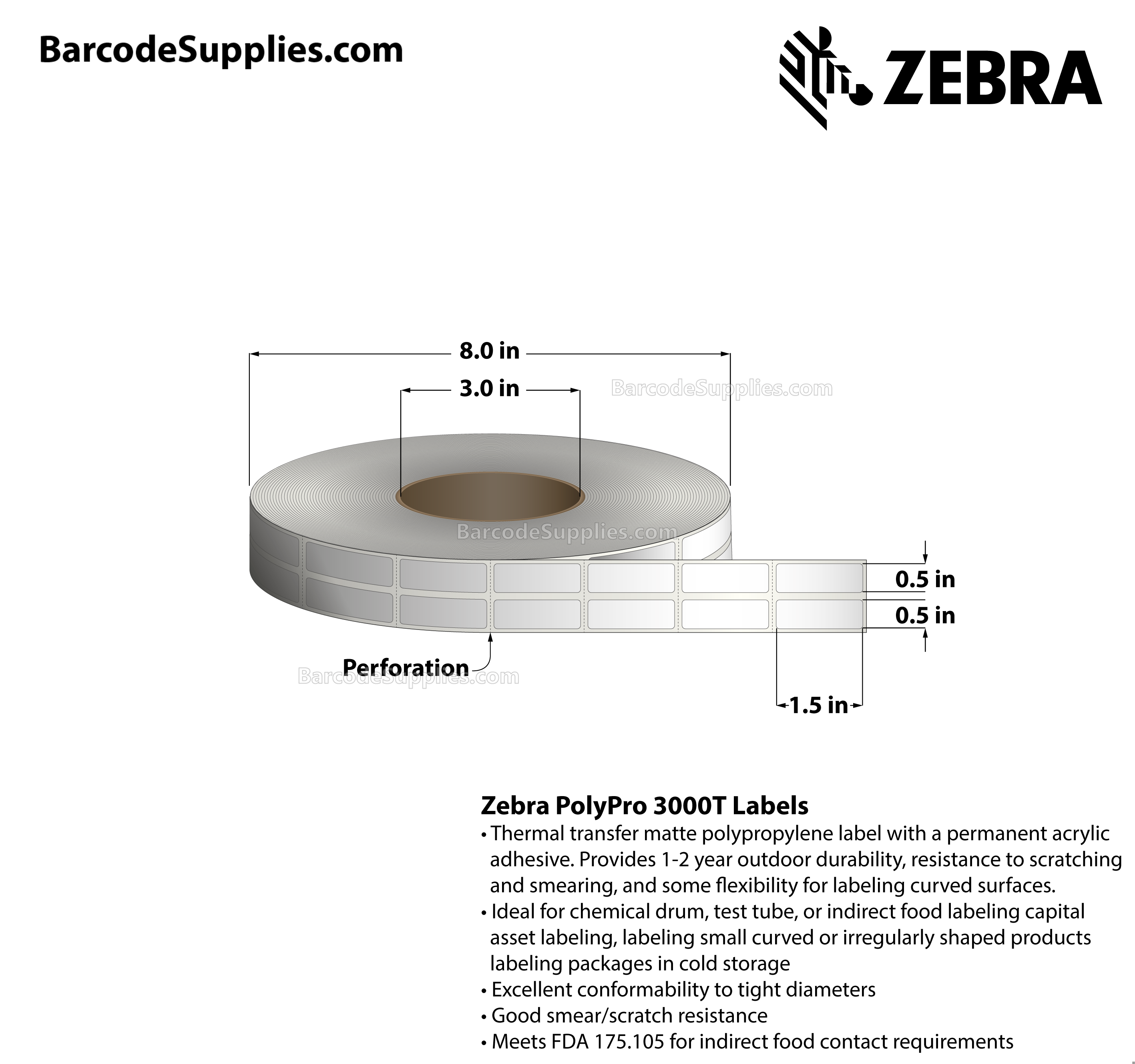 0.5 x 1.5 Thermal Transfer White PolyPro 3000T (2-Across) Labels With Permanent Adhesive - Perforated - 2000 Labels Per Roll - Carton Of 1 Rolls - 2000 Labels Total - MPN: 10023264