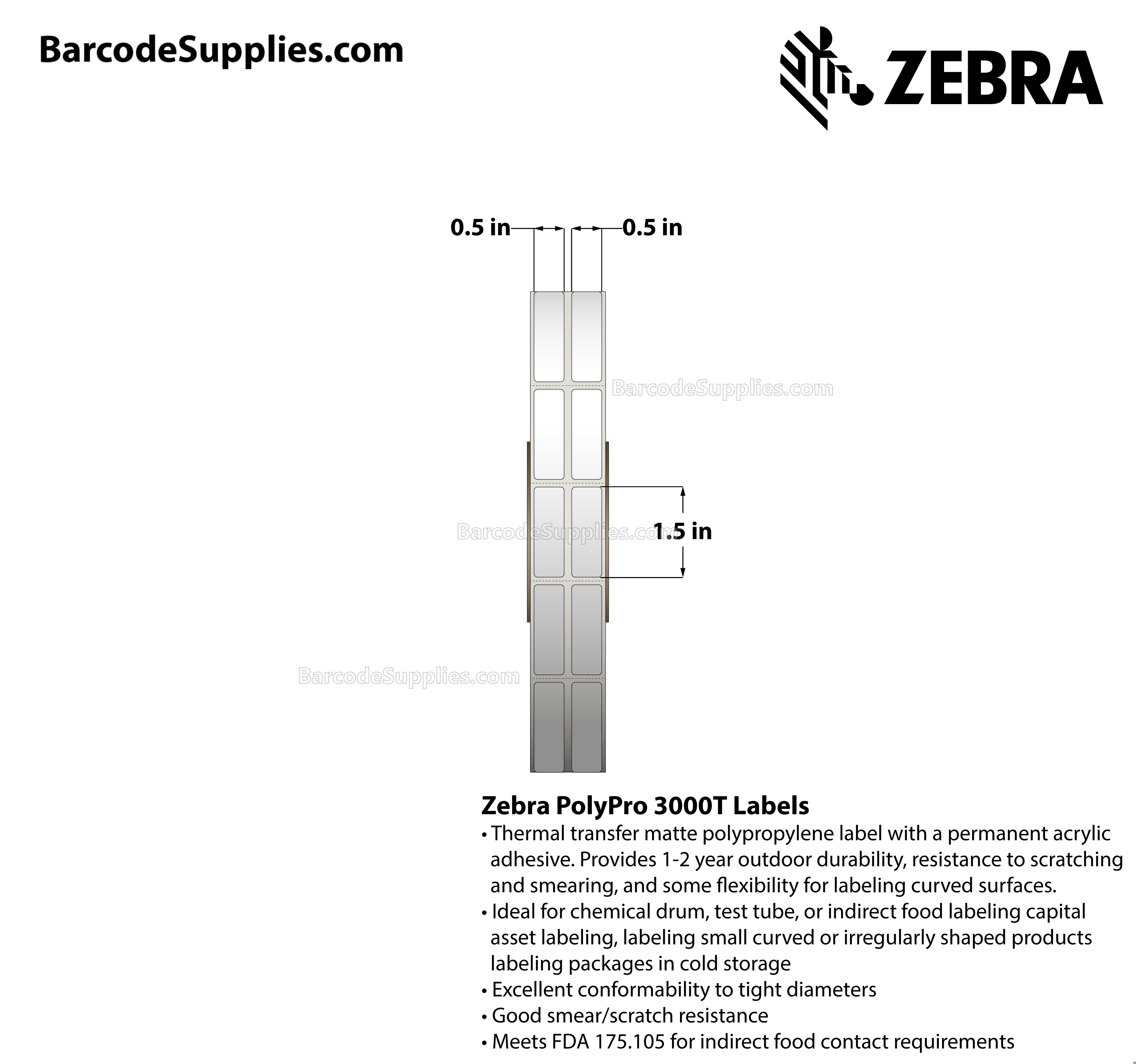 0.5 x 1.5 Thermal Transfer White PolyPro 3000T (2-Across) Labels With Permanent Adhesive - Perforated - 2000 Labels Per Roll - Carton Of 1 Rolls - 2000 Labels Total - MPN: 10023264