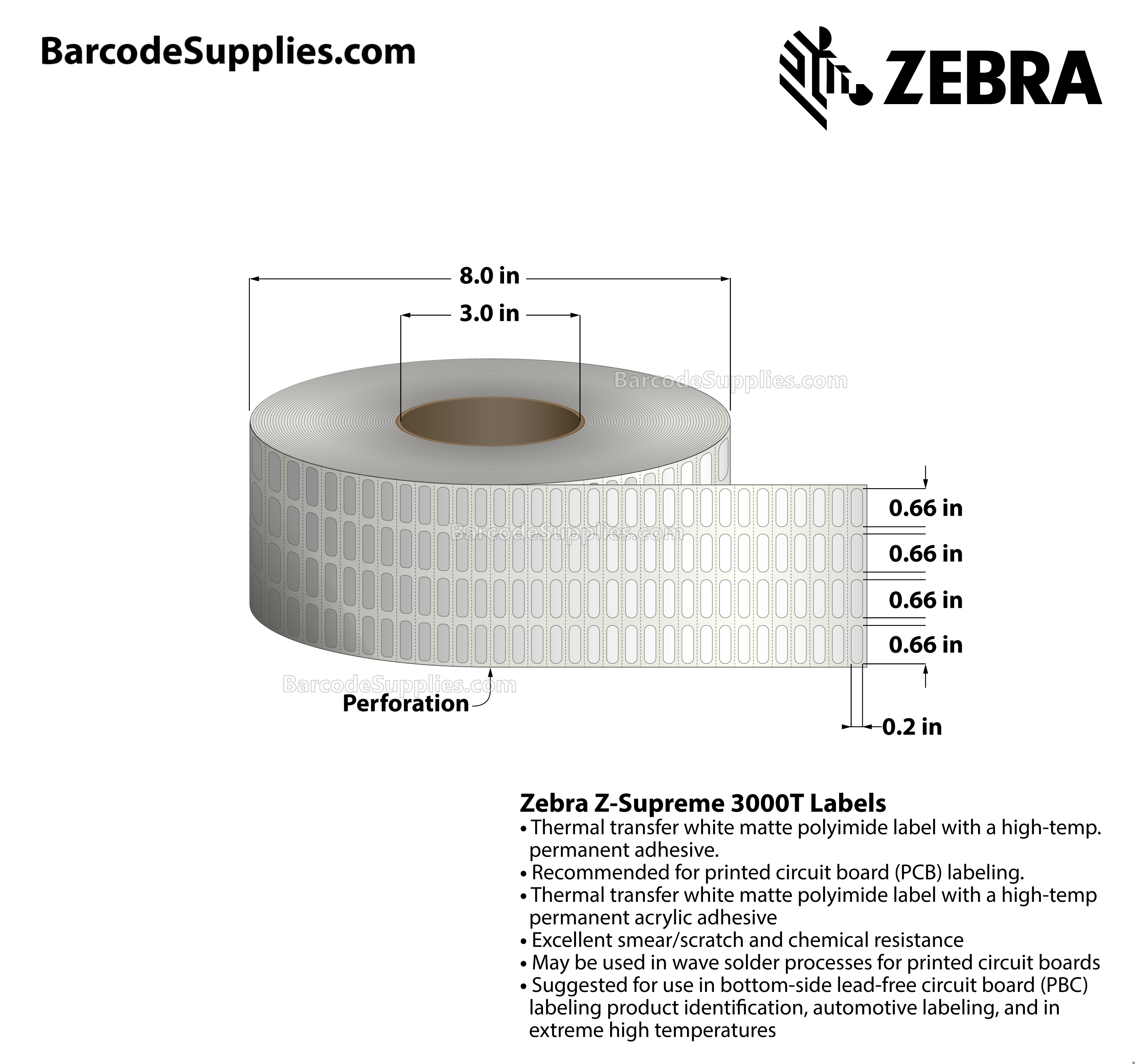 0.66 x 0.2 Thermal Transfer White Z-Supreme 3000T (4-Across) Labels With High-temp Adhesive - Perforated - 10000 Labels Per Roll - Carton Of 1 Rolls - 10000 Labels Total - MPN: 10023223