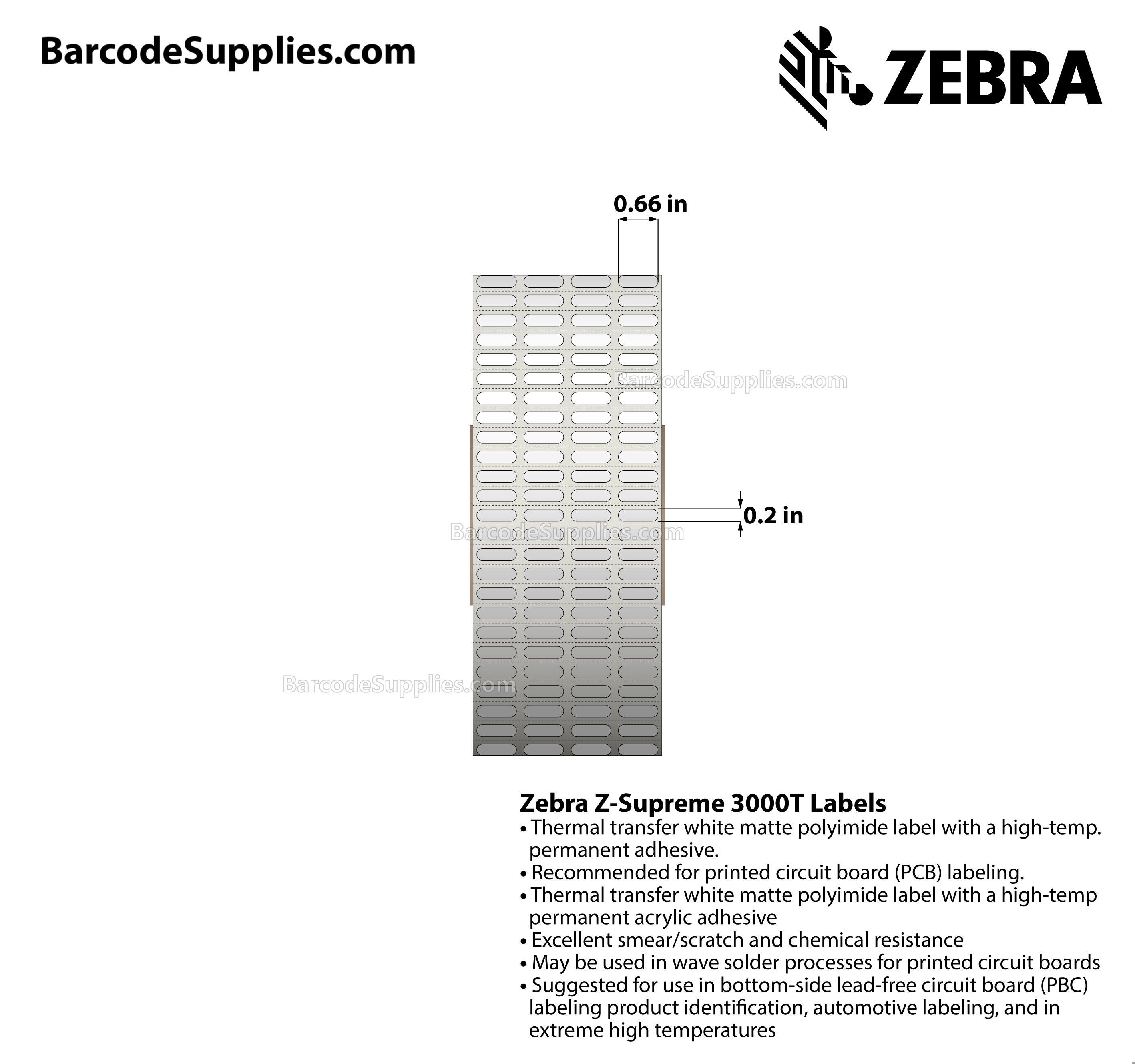 0.66 x 0.2 Thermal Transfer White Z-Supreme 3000T (4-Across) Labels With High-temp Adhesive - Perforated - 10000 Labels Per Roll - Carton Of 1 Rolls - 10000 Labels Total - MPN: 10023223