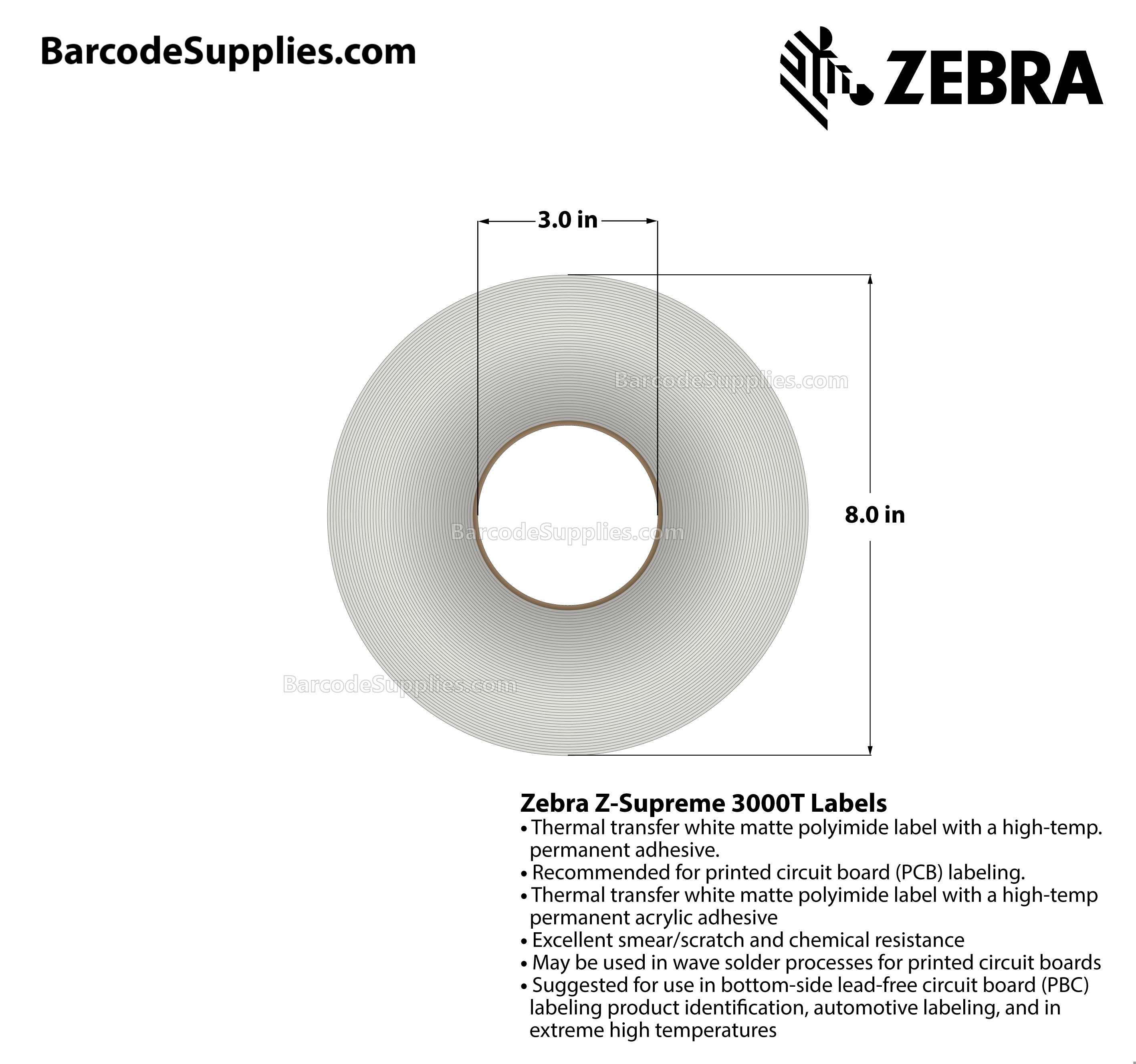 0.66 x 0.2 Thermal Transfer White Z-Supreme 3000T (4-Across) Labels With High-temp Adhesive - Perforated - 10000 Labels Per Roll - Carton Of 1 Rolls - 10000 Labels Total - MPN: 10023223