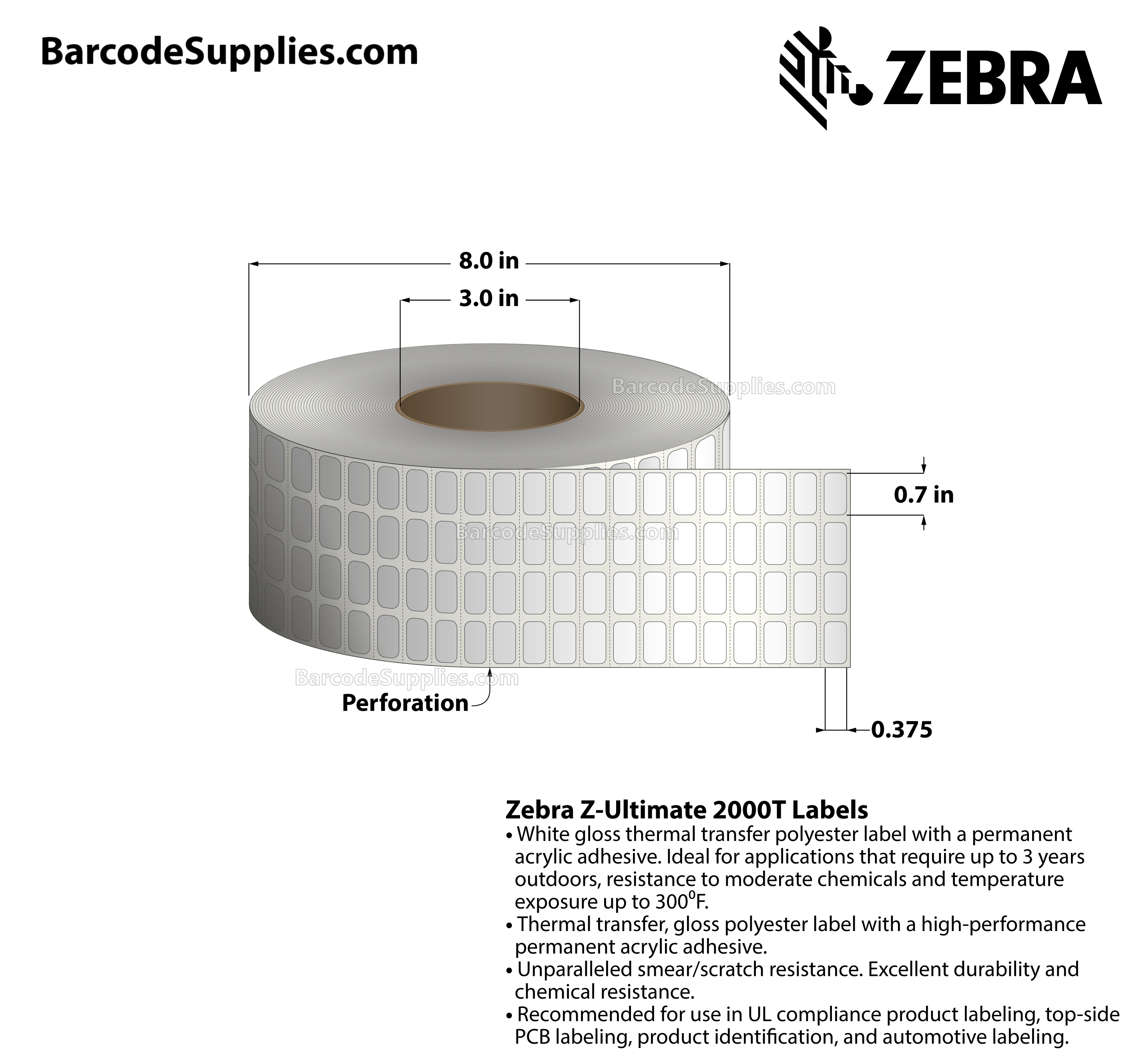 0.7 x 0.375 Thermal Transfer White Z-Ultimate 2000T (4-Across) Labels With Permanent Adhesive - Perforated - 10000 Labels Per Roll - Carton Of 1 Rolls - 10000 Labels Total - MPN: 10023007