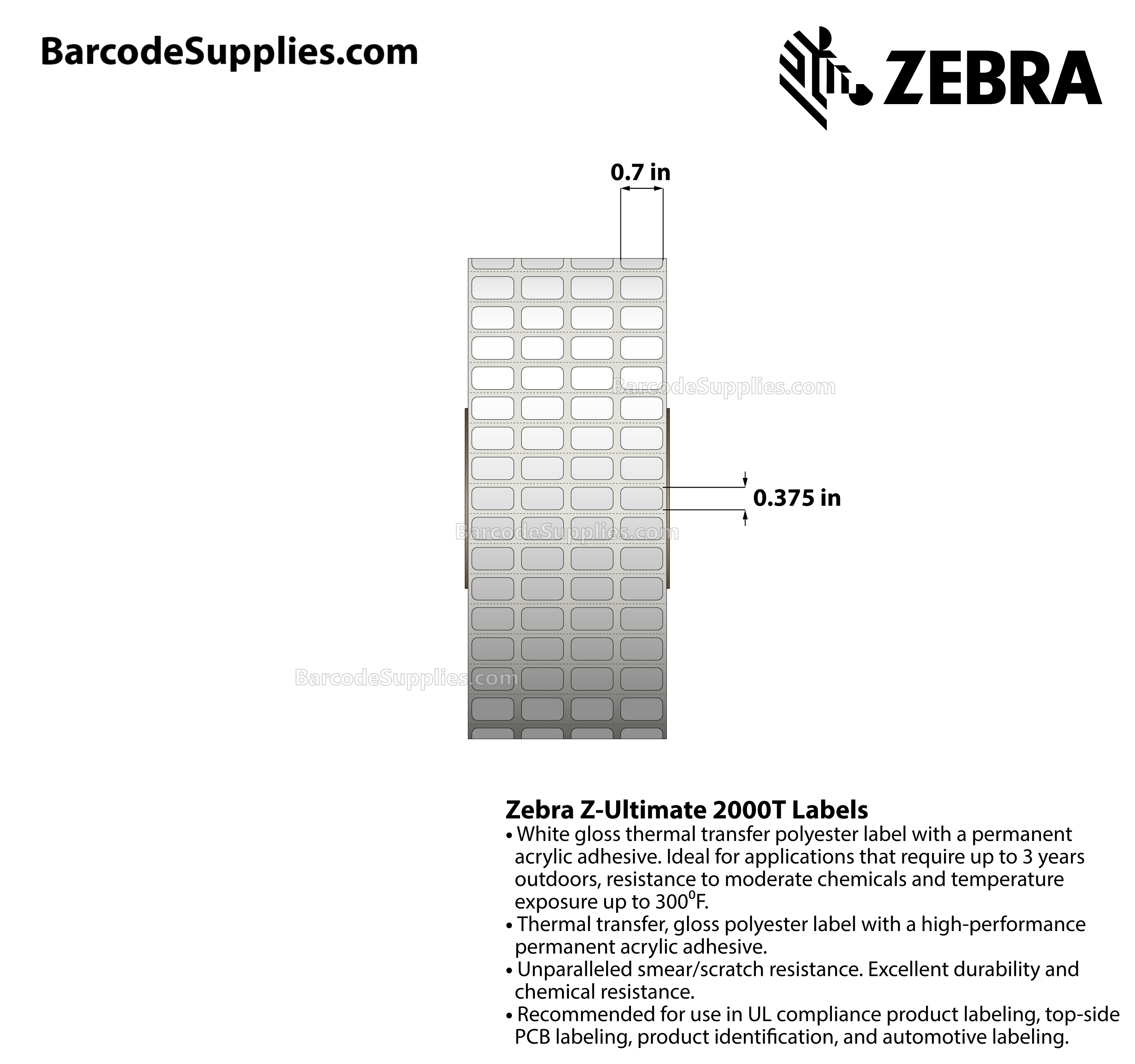 0.7 x 0.375 Thermal Transfer White Z-Ultimate 2000T (4-Across) Labels With Permanent Adhesive - Perforated - 10000 Labels Per Roll - Carton Of 1 Rolls - 10000 Labels Total - MPN: 10023007