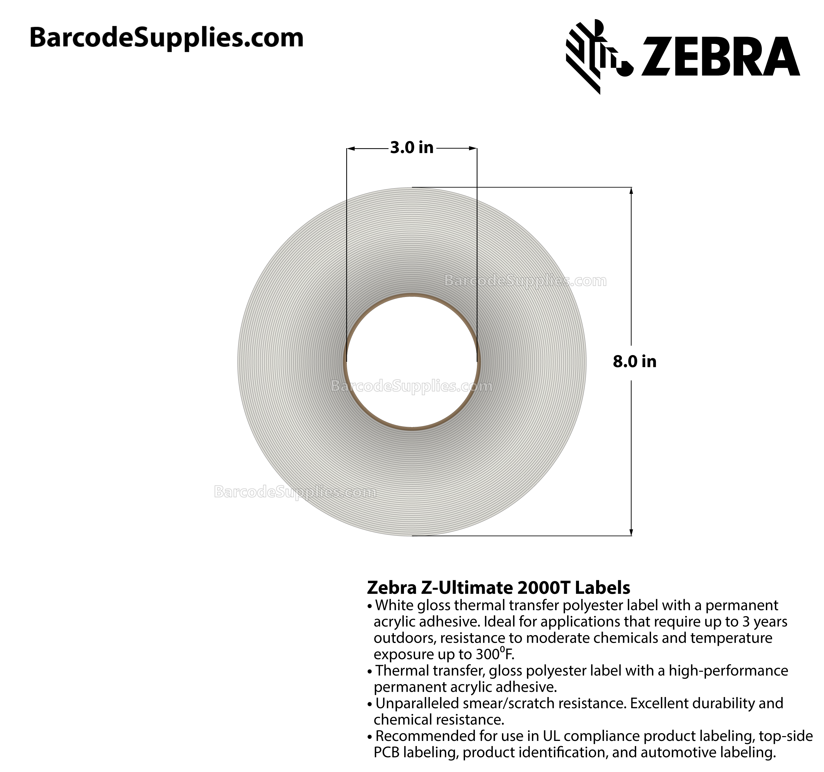 0.7 x 0.375 Thermal Transfer White Z-Ultimate 2000T (4-Across) Labels With Permanent Adhesive - Perforated - 10000 Labels Per Roll - Carton Of 1 Rolls - 10000 Labels Total - MPN: 10023007