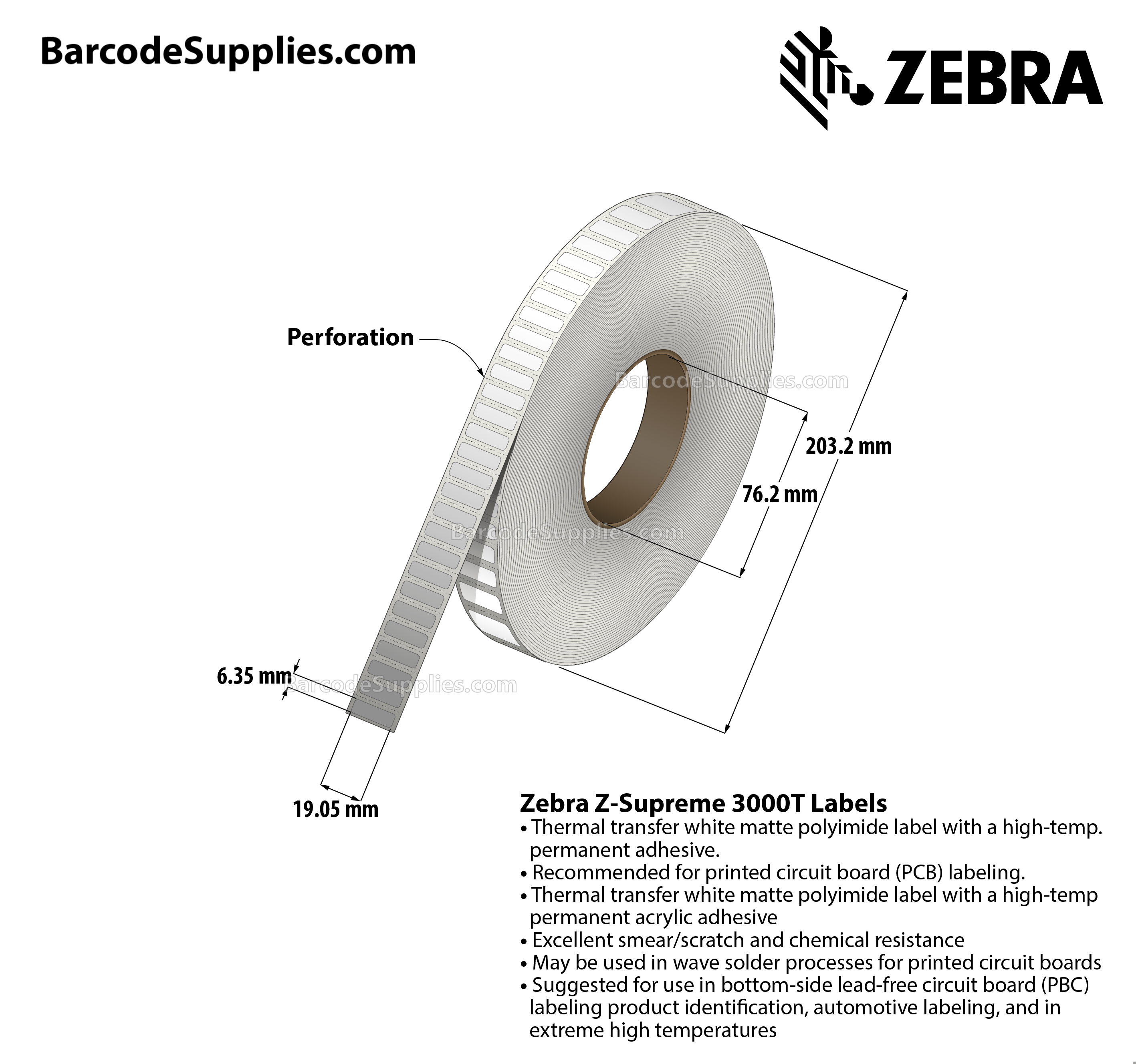 0.75 x 0.25 Thermal Transfer White Z-Supreme 3000T Labels With Permanent Adhesive - Perforated - 10000 Labels Per Roll - Carton Of 1 Rolls - 10000 Labels Total - MPN: 10023224