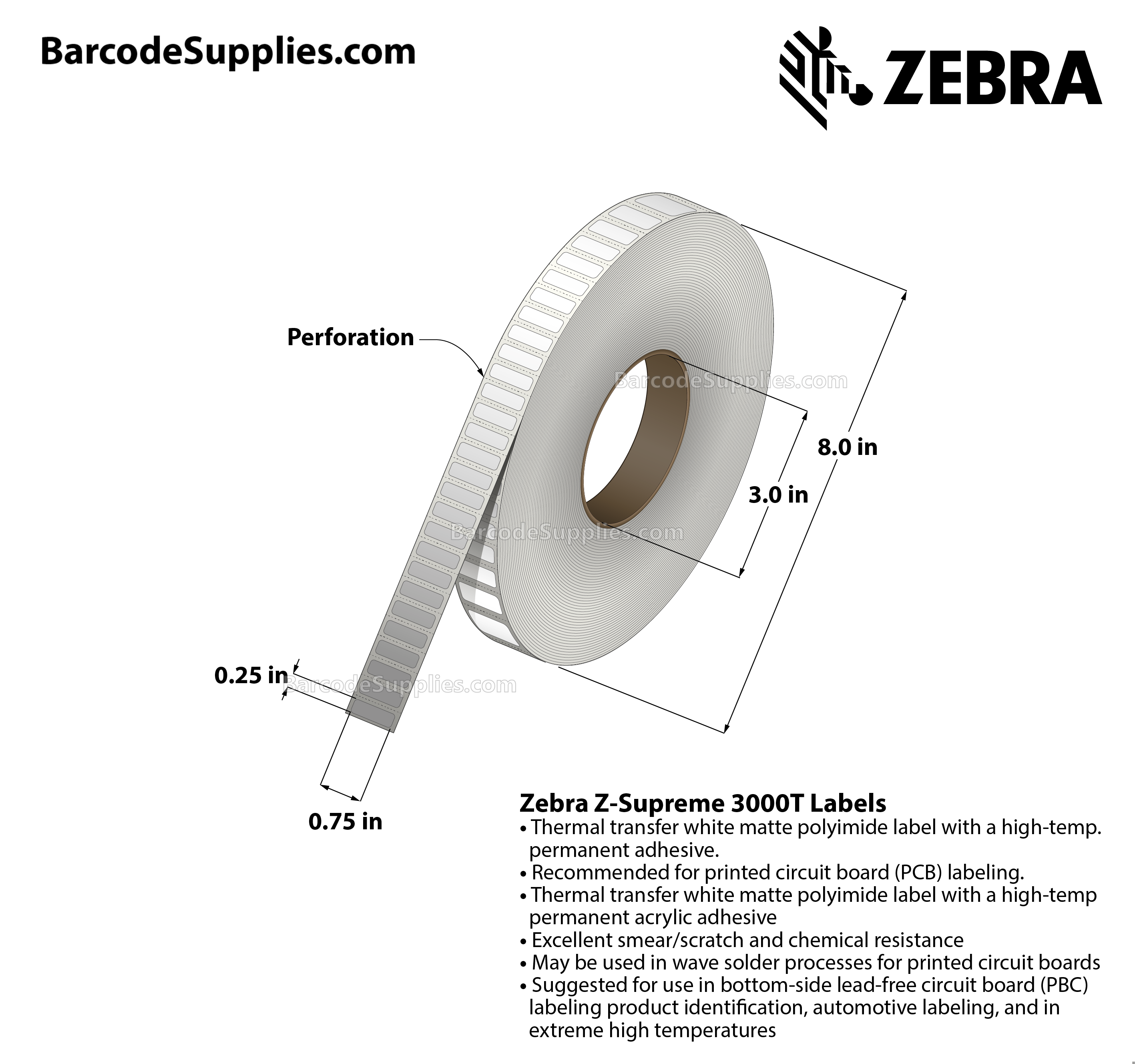 0.75 x 0.25 Thermal Transfer White Z-Supreme 3000T Labels With Permanent Adhesive - Perforated - 10000 Labels Per Roll - Carton Of 1 Rolls - 10000 Labels Total - MPN: 10023224
