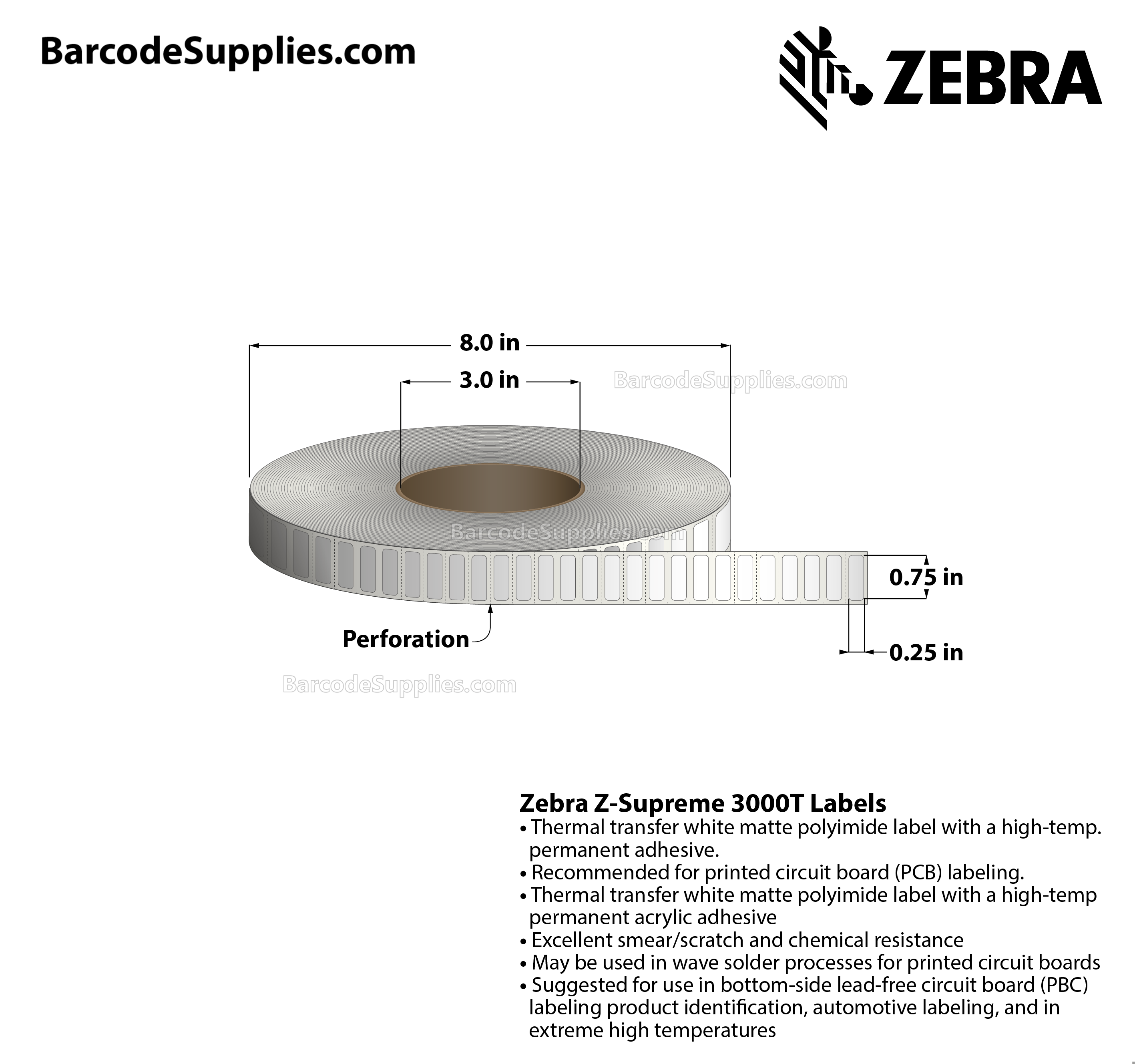 0.75 x 0.25 Thermal Transfer White Z-Supreme 3000T Labels With Permanent Adhesive - Perforated - 10000 Labels Per Roll - Carton Of 1 Rolls - 10000 Labels Total - MPN: 10023224