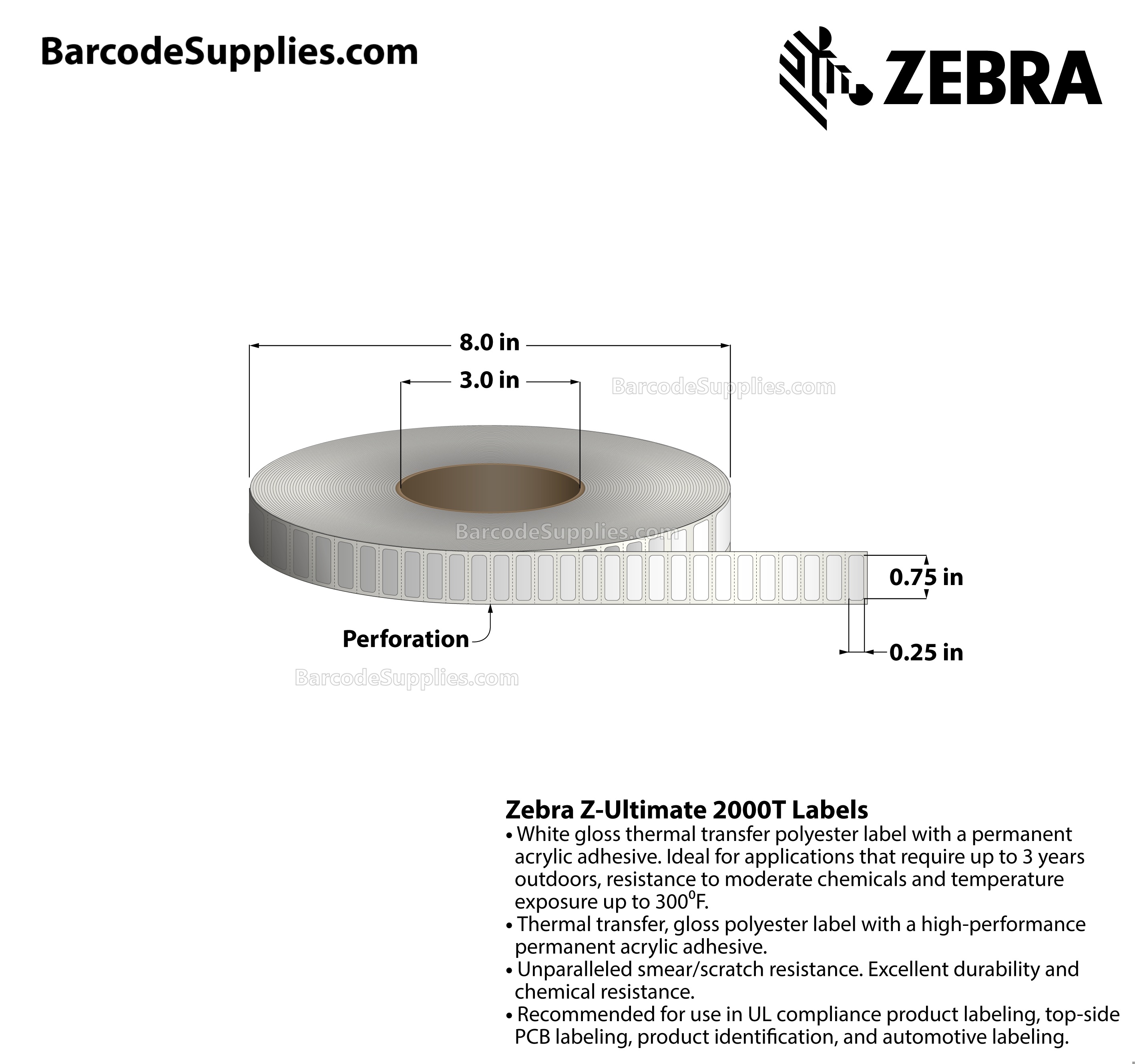 0.75 x 0.25 Thermal Transfer White Z-Ultimate 2000T Labels With Permanent Adhesive - Perforated - 10000 Labels Per Roll - Carton Of 1 Rolls - 10000 Labels Total - MPN: 10022973