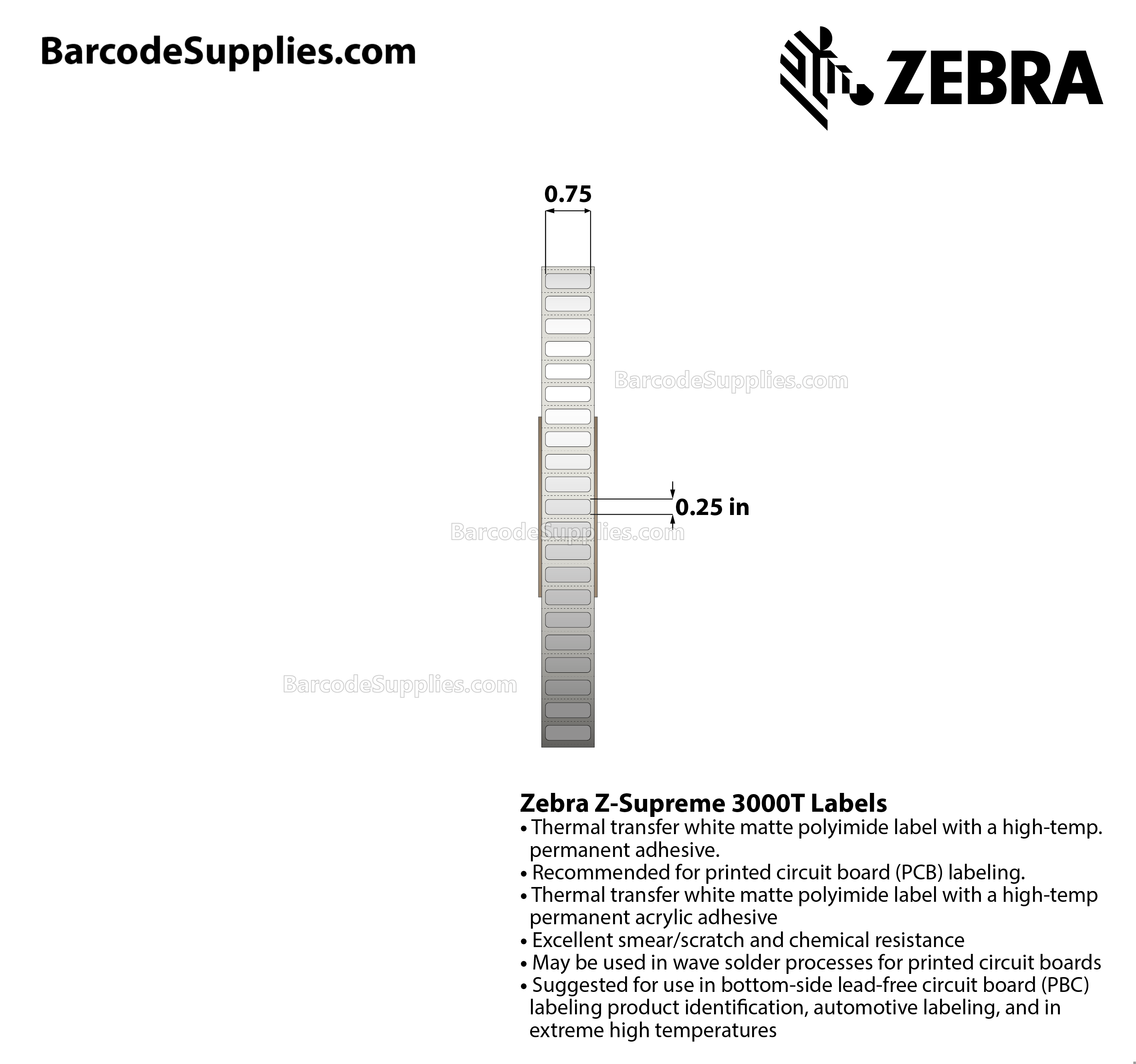 0.75 x 0.25 Thermal Transfer White Z-Supreme 3000T Labels With Permanent Adhesive - Perforated - 10000 Labels Per Roll - Carton Of 1 Rolls - 10000 Labels Total - MPN: 10023224
