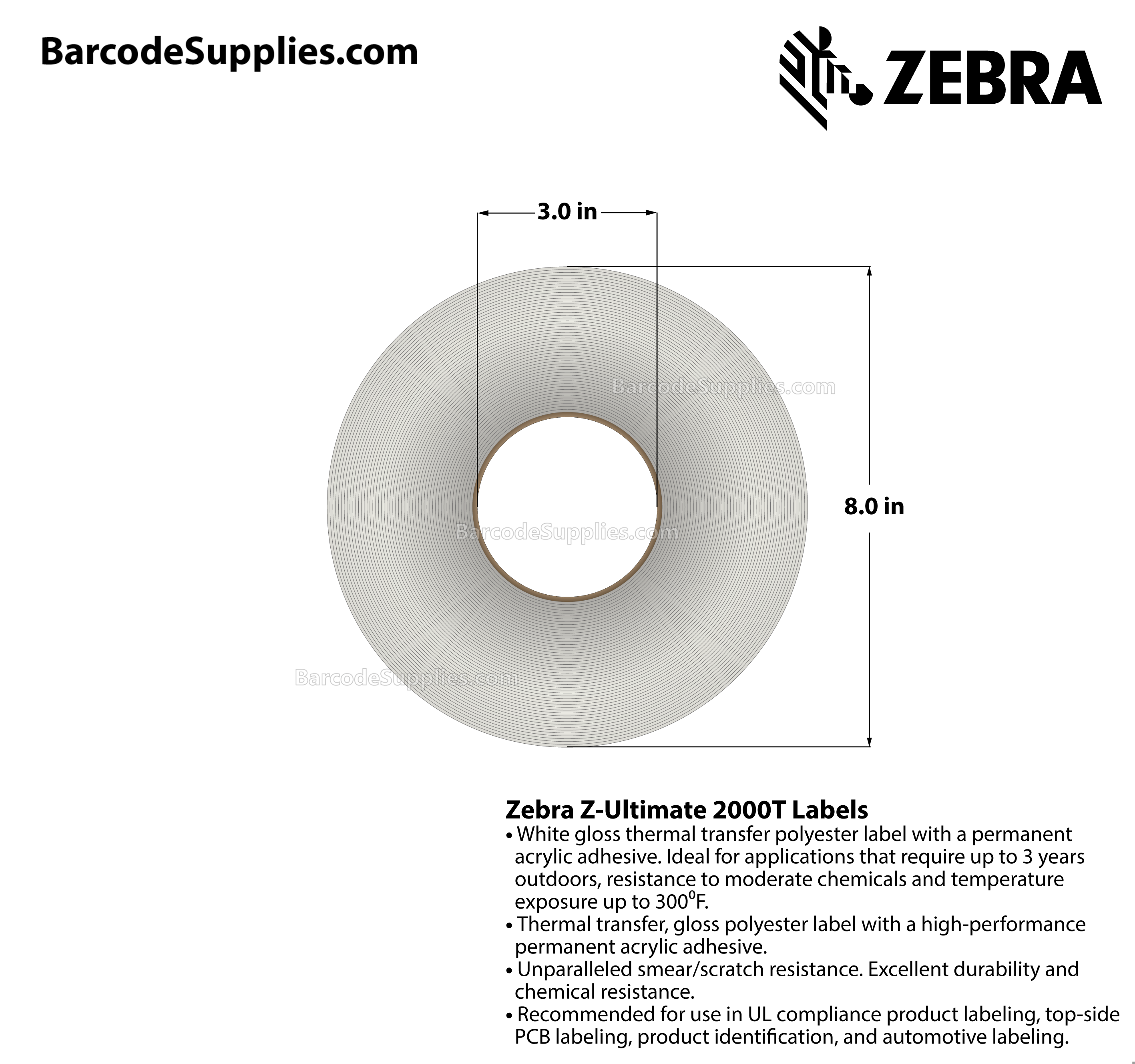 0.75 x 0.25 Thermal Transfer White Z-Ultimate 2000T Labels With Permanent Adhesive - Perforated - 10000 Labels Per Roll - Carton Of 1 Rolls - 10000 Labels Total - MPN: 10022973