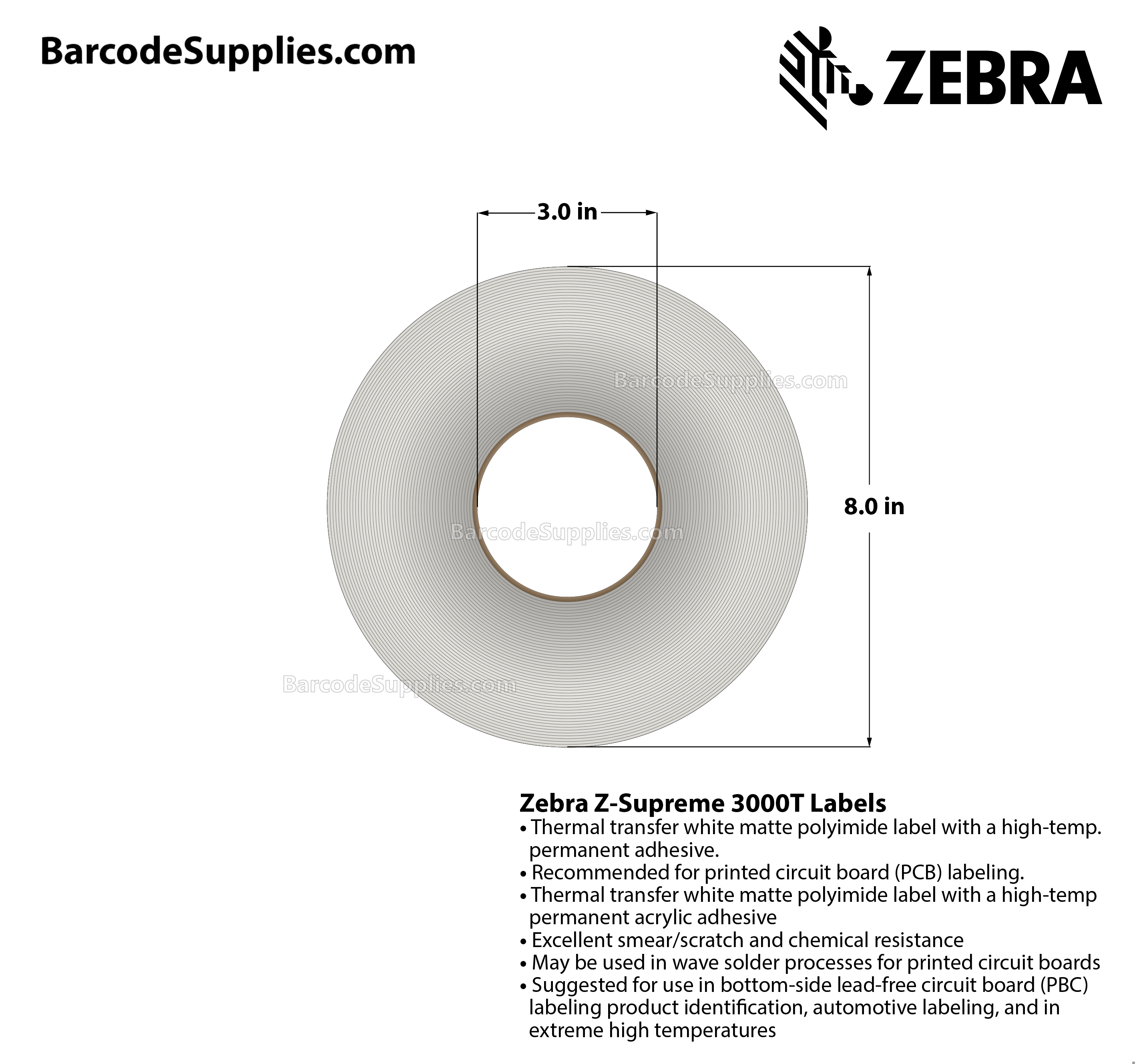 0.75 x 0.25 Thermal Transfer White Z-Supreme 3000T Labels With Permanent Adhesive - Perforated - 10000 Labels Per Roll - Carton Of 1 Rolls - 10000 Labels Total - MPN: 10023224