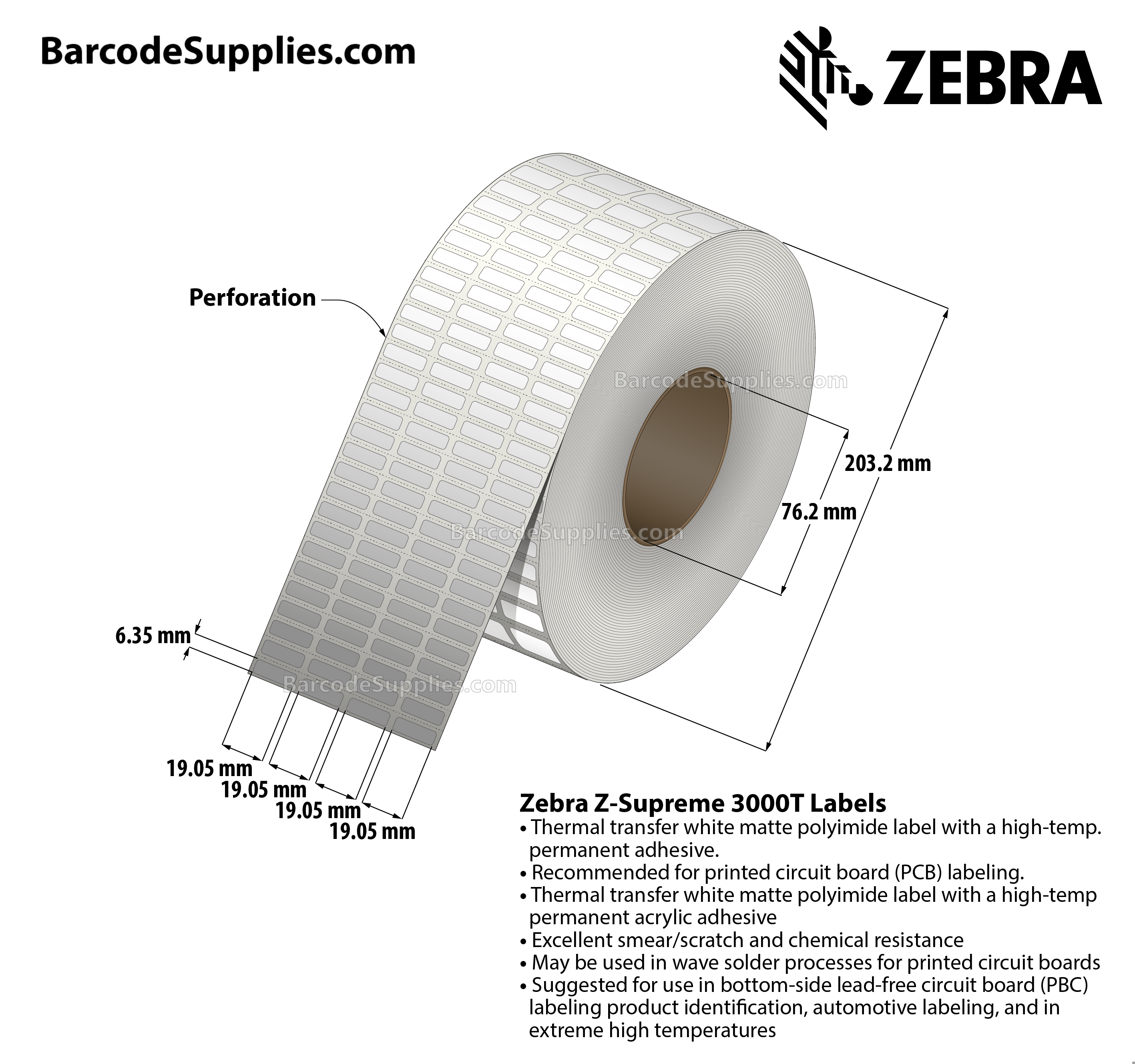 0.75 x 0.25 Thermal Transfer White Z-Supreme 3000T (4-Across) Labels With Permanent Adhesive - Perforated - 10000 Labels Per Roll - Carton Of 1 Rolls - 10000 Labels Total - MPN: 10023225
