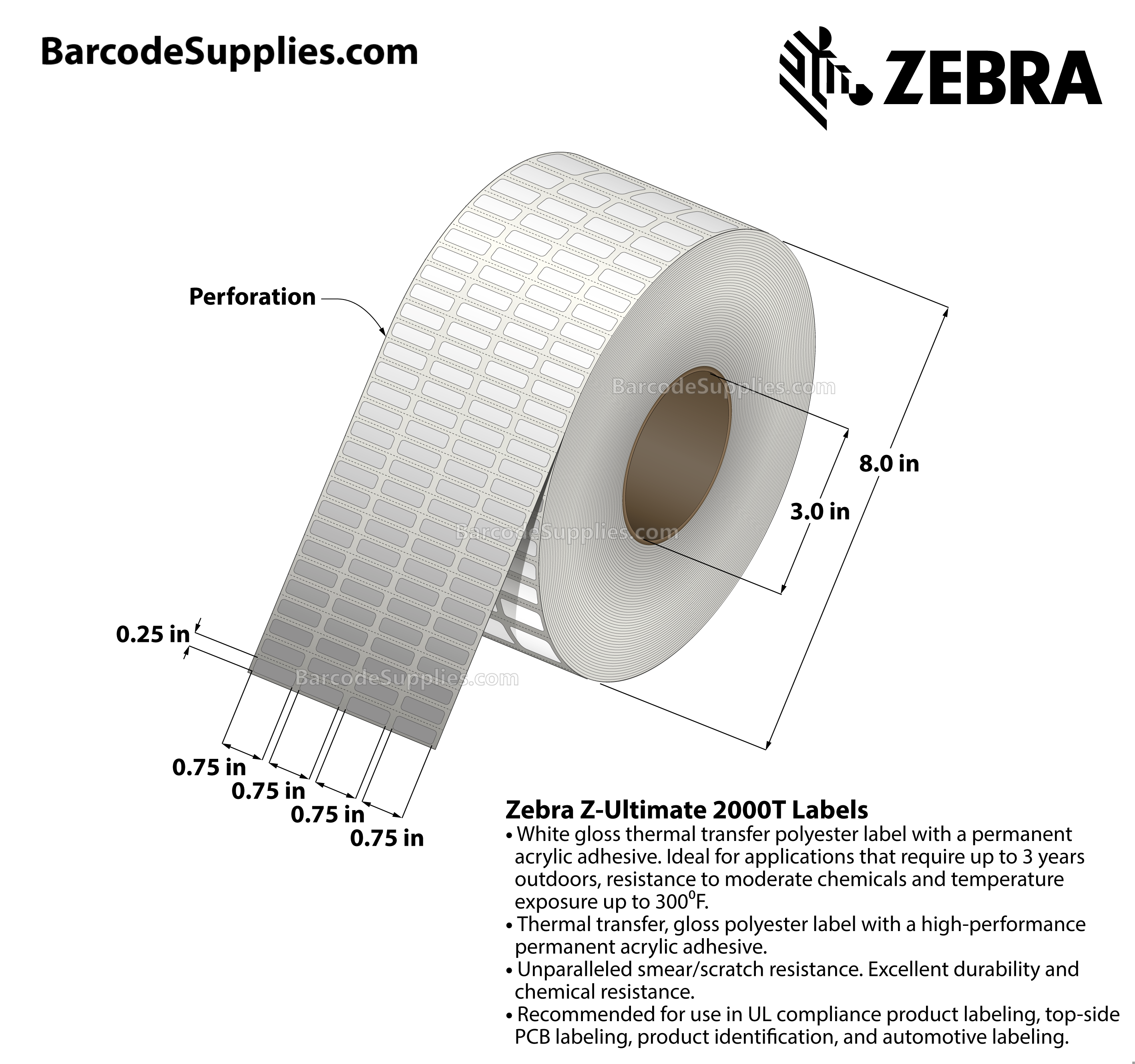 0.75 x 0.25 Thermal Transfer White Z-Ultimate 2000T (4-Across) Labels With Permanent Adhesive - Perforated - 10000 Labels Per Roll - Carton Of 4 Rolls - 40000 Labels Total - MPN: 10011972
