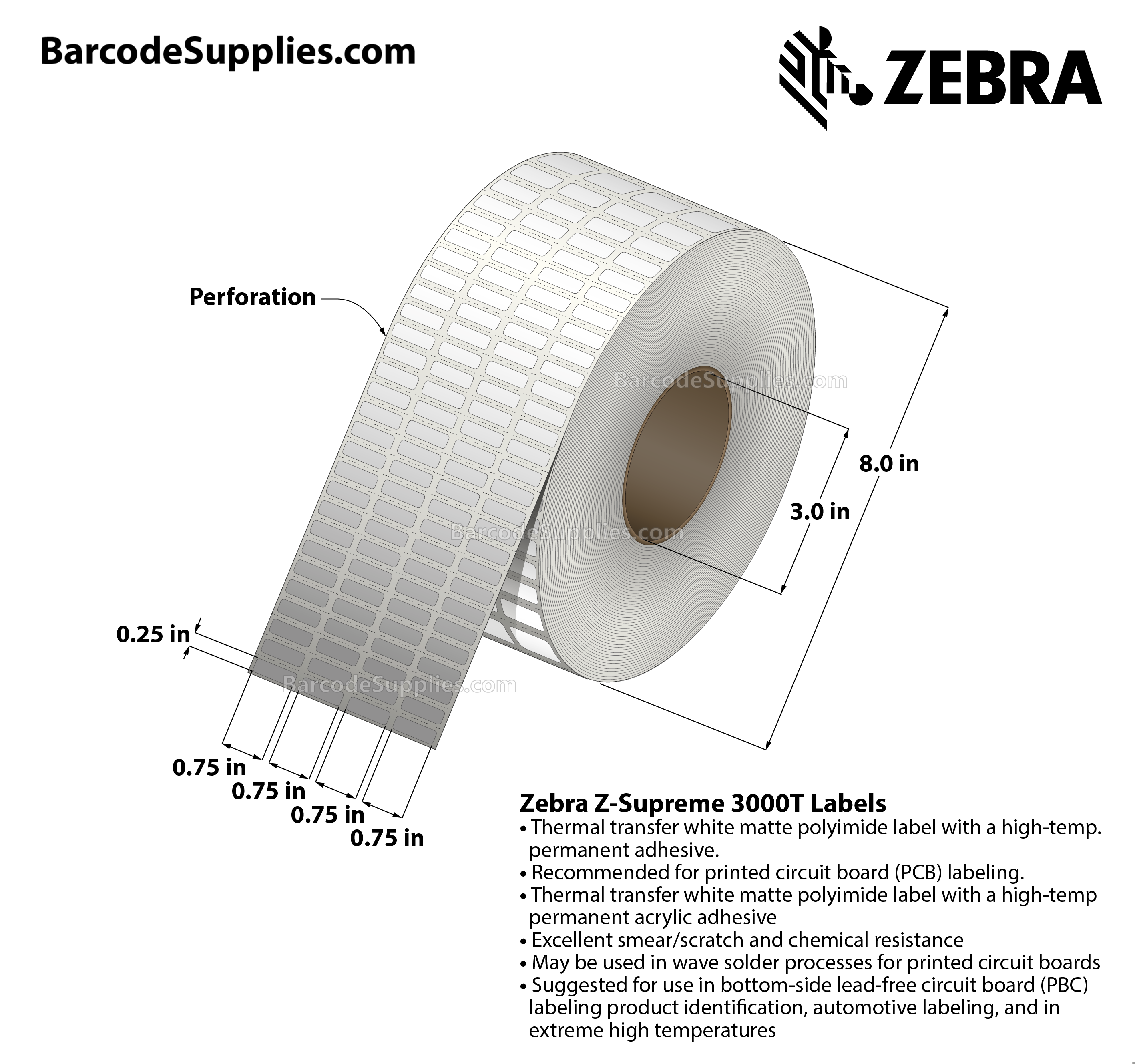 0.75 x 0.25 Thermal Transfer White Z-Supreme 3000T (4-Across) Labels With Permanent Adhesive - Perforated - 10000 Labels Per Roll - Carton Of 1 Rolls - 10000 Labels Total - MPN: 10023225
