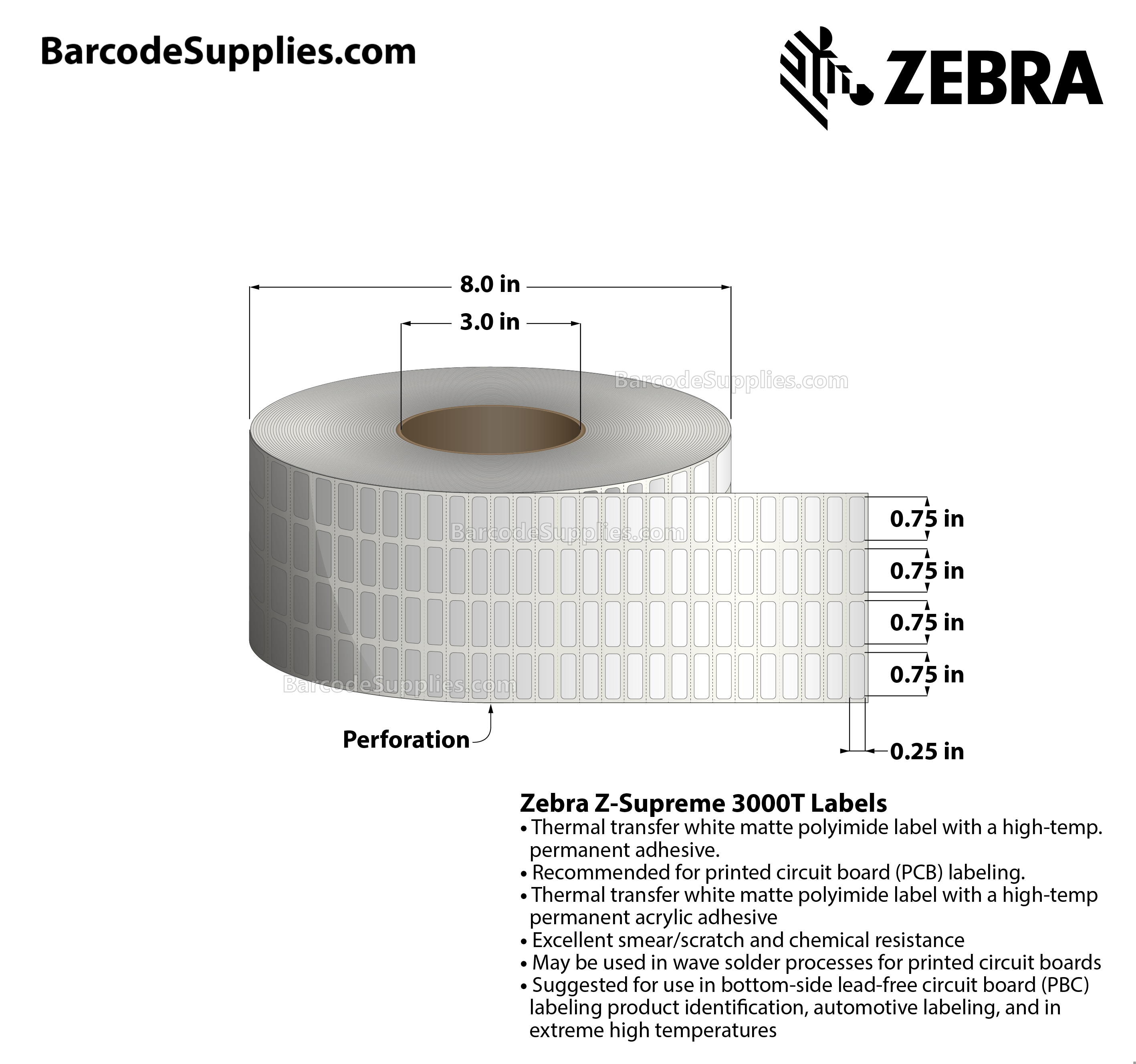 0.75 x 0.25 Thermal Transfer White Z-Supreme 3000T (4-Across) Labels With Permanent Adhesive - Perforated - 10000 Labels Per Roll - Carton Of 1 Rolls - 10000 Labels Total - MPN: 10023225