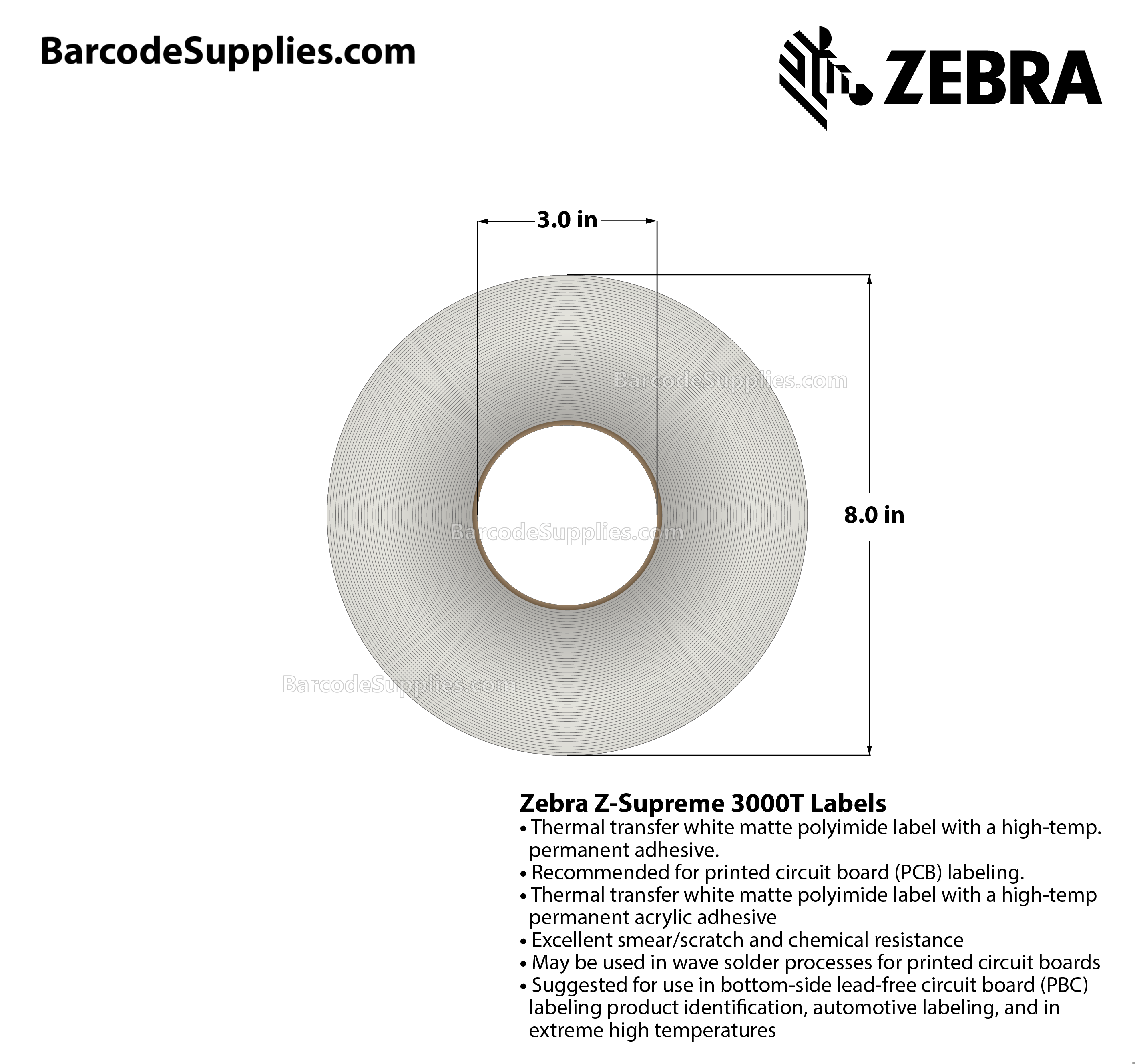 0.75 x 0.25 Thermal Transfer White Z-Supreme 3000T (4-Across) Labels With Permanent Adhesive - Perforated - 10000 Labels Per Roll - Carton Of 1 Rolls - 10000 Labels Total - MPN: 10023225
