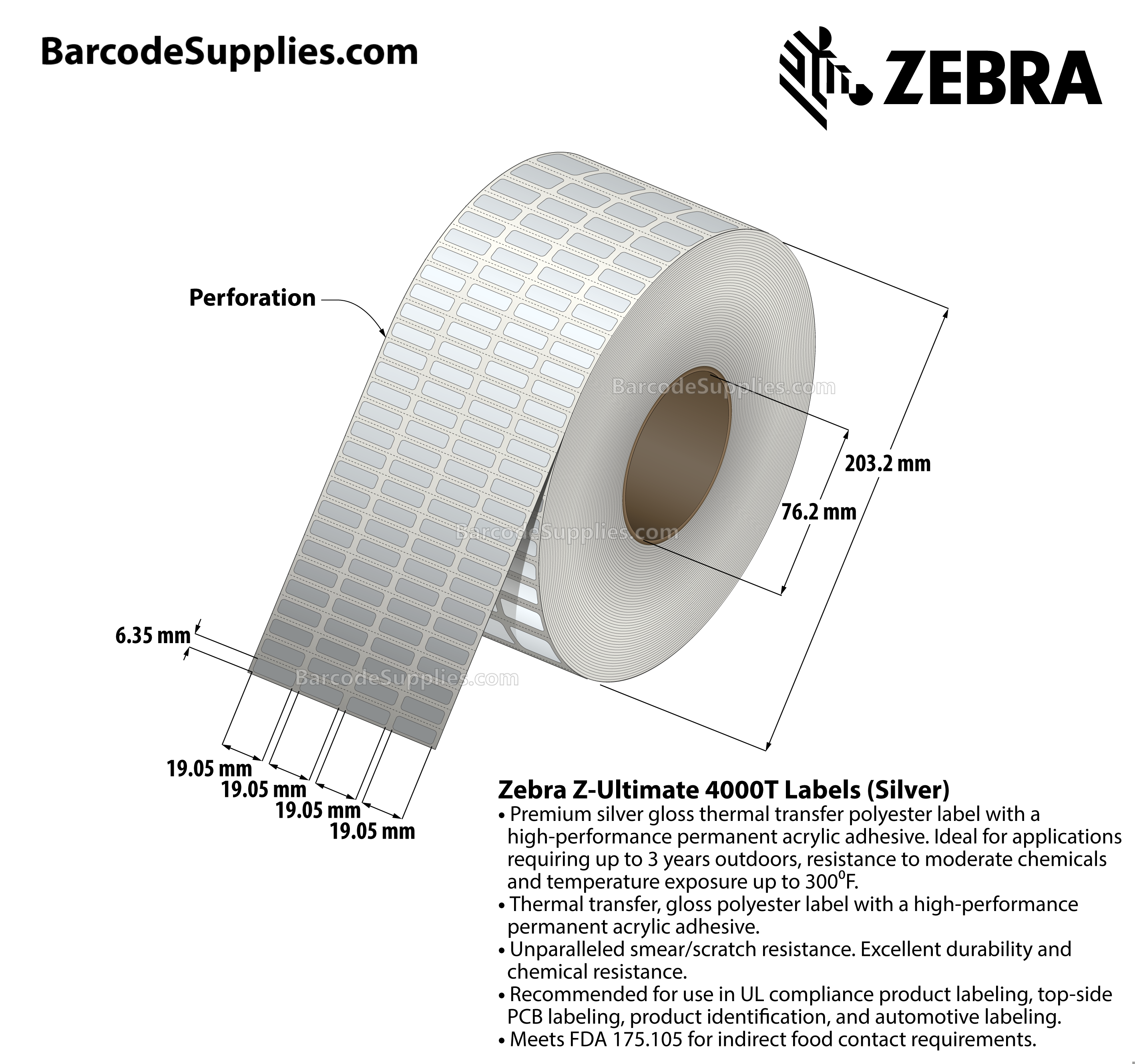 0.75 x 0.25 Thermal Transfer Silver Z-Ultimate 4000T Silver (4-Across) Labels With Permanent Adhesive - Perforated - 10000 Labels Per Roll - Carton Of 1 Rolls - 10000 Labels Total - MPN: 10023152