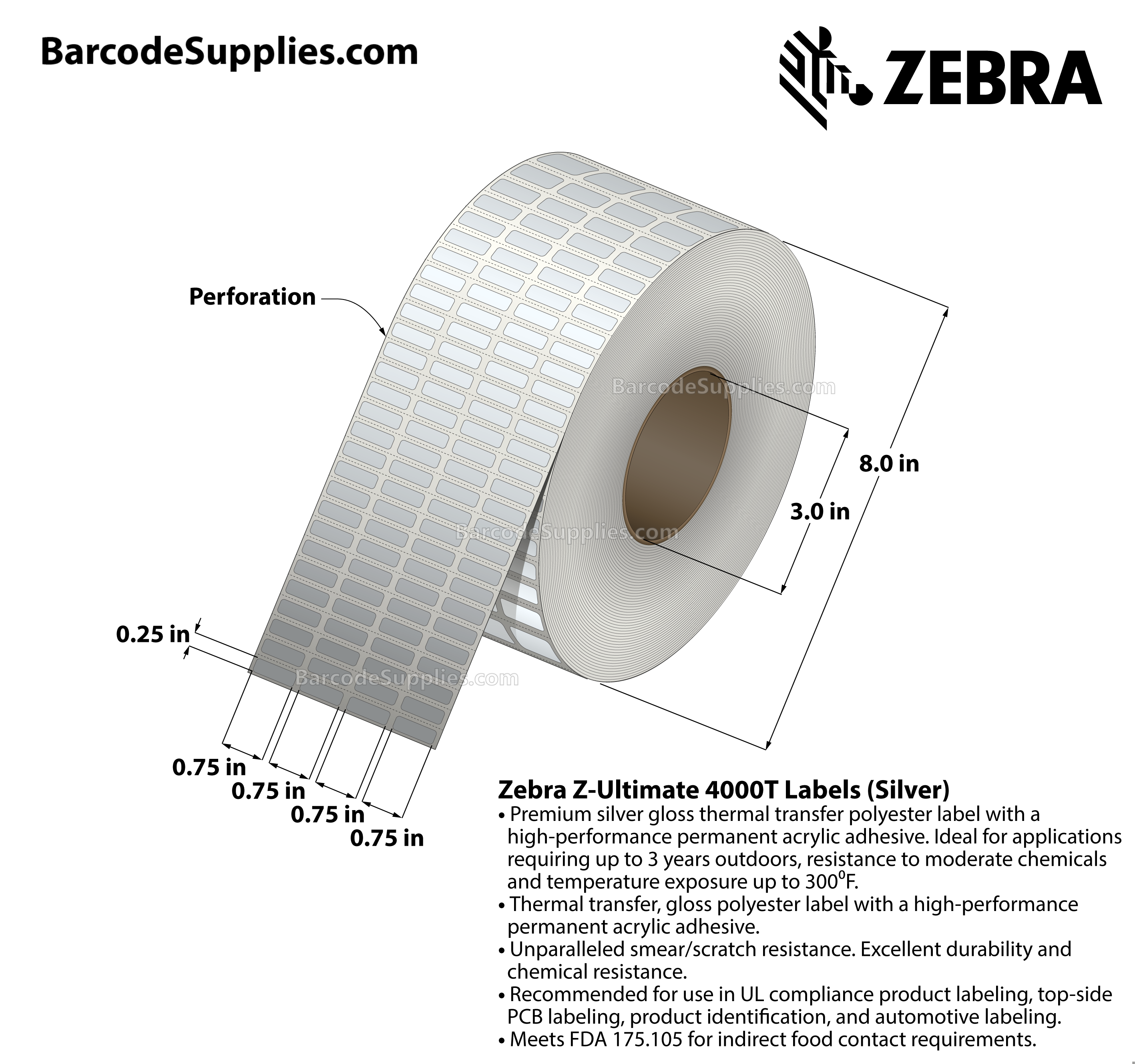 0.75 x 0.25 Thermal Transfer Silver Z-Ultimate 4000T Silver (4-Across) Labels With Permanent Adhesive - Perforated - 10000 Labels Per Roll - Carton Of 1 Rolls - 10000 Labels Total - MPN: 10023152