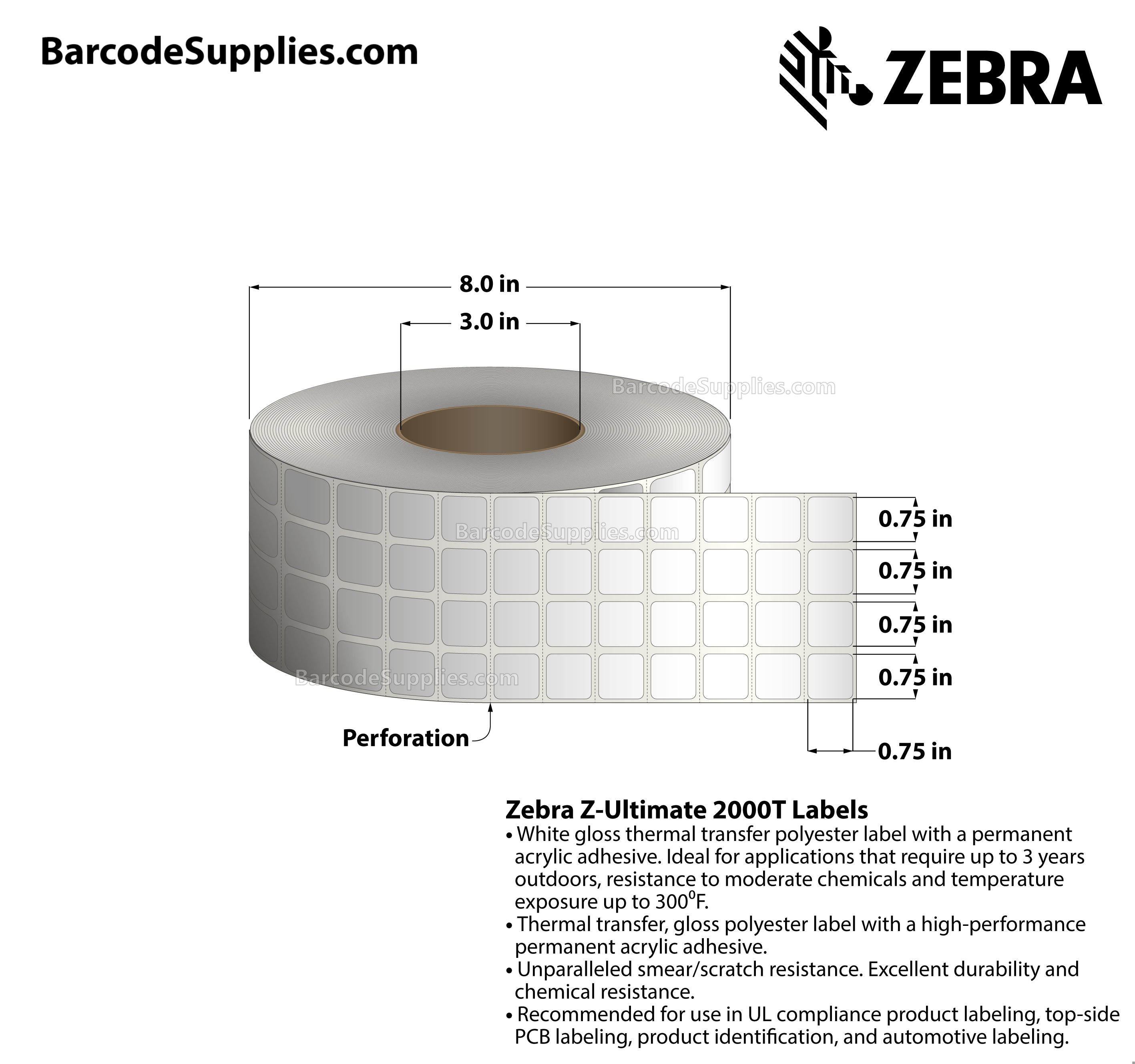 0.75 x 0.75 Thermal Transfer White Z-Ultimate 2000T (4-Across) Labels With Permanent Adhesive - Perforated - 10000 Labels Per Roll - Carton Of 4 Rolls - 40000 Labels Total - MPN: 10011973
