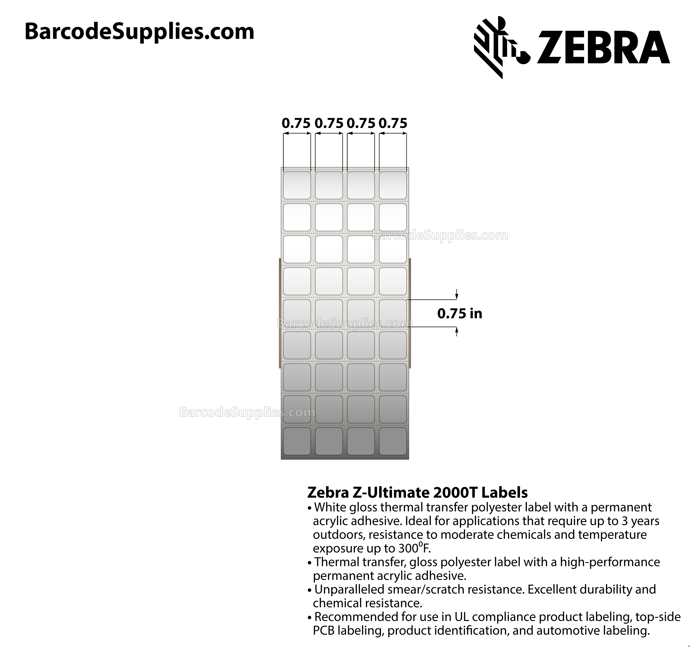 0.75 x 0.75 Thermal Transfer White Z-Ultimate 2000T (4-Across) Labels With Permanent Adhesive - Perforated - 10000 Labels Per Roll - Carton Of 4 Rolls - 40000 Labels Total - MPN: 10011973