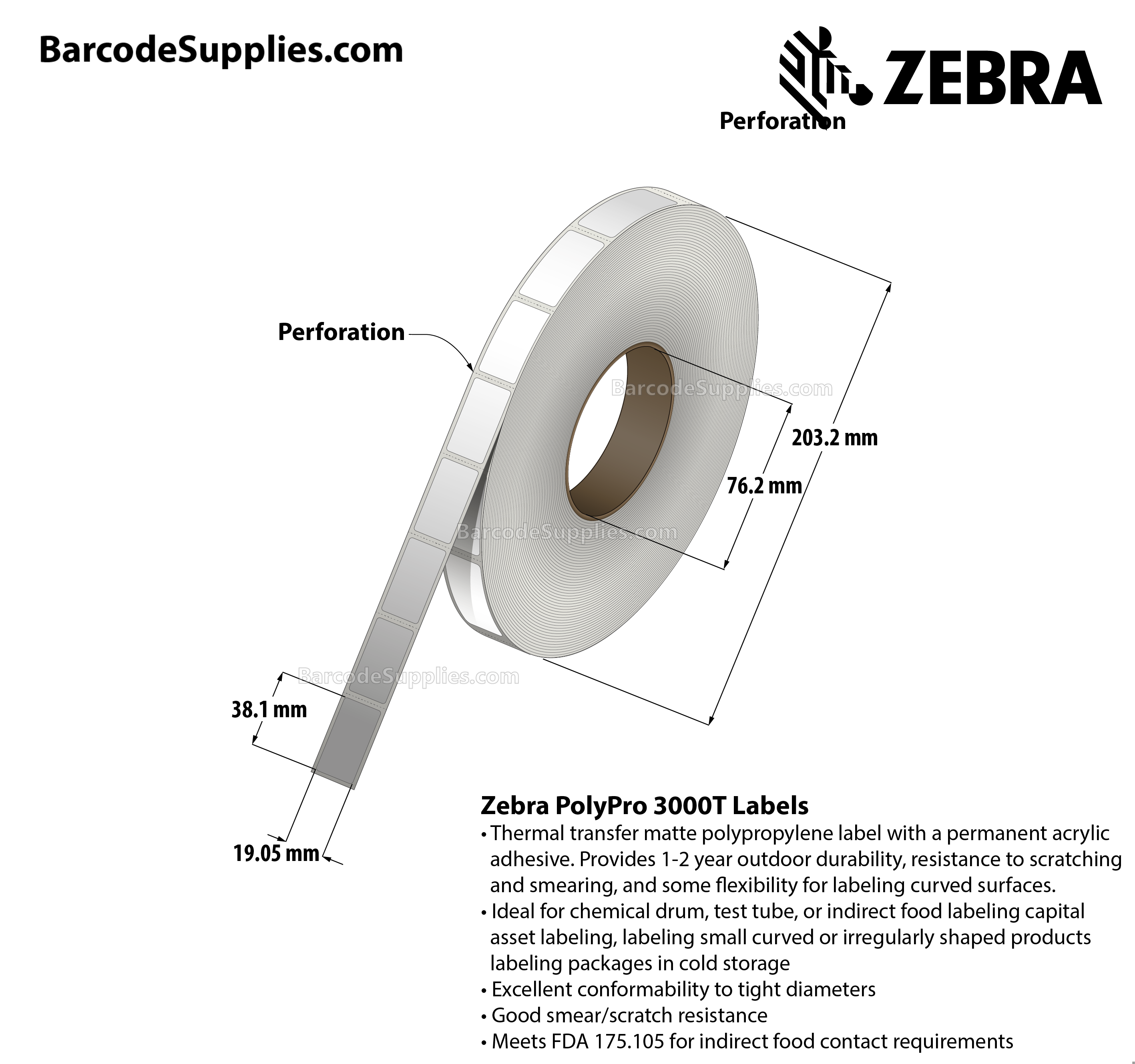 0.75 x 1.5 Thermal Transfer White PolyPro 3000T Labels With Permanent Adhesive - Perforated - 2000 Labels Per Roll - Carton Of 1 Rolls - 2000 Labels Total - MPN: 10023325