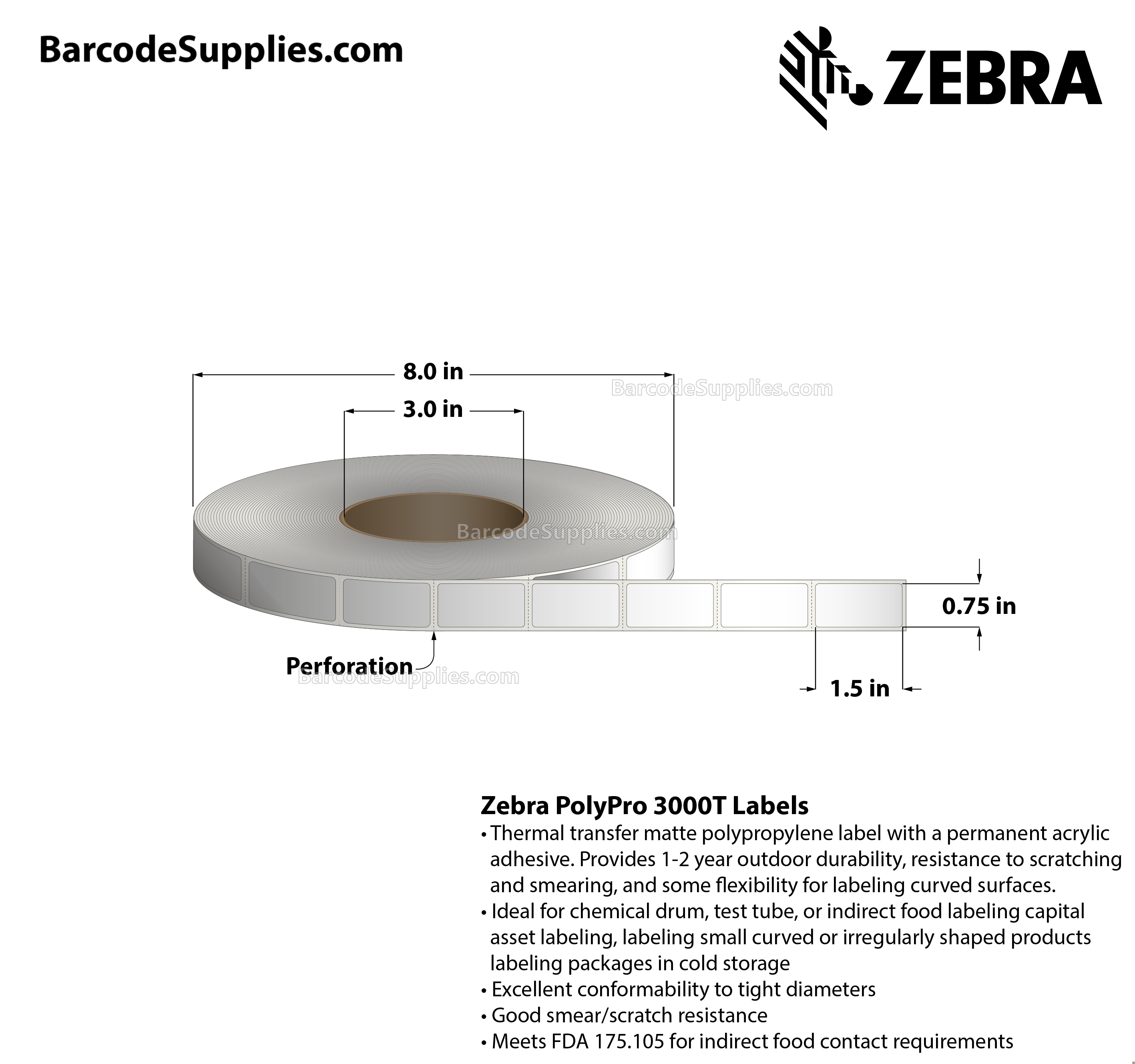 0.75 x 1.5 Thermal Transfer White PolyPro 3000T Labels With Permanent Adhesive - Perforated - 2000 Labels Per Roll - Carton Of 1 Rolls - 2000 Labels Total - MPN: 10023325