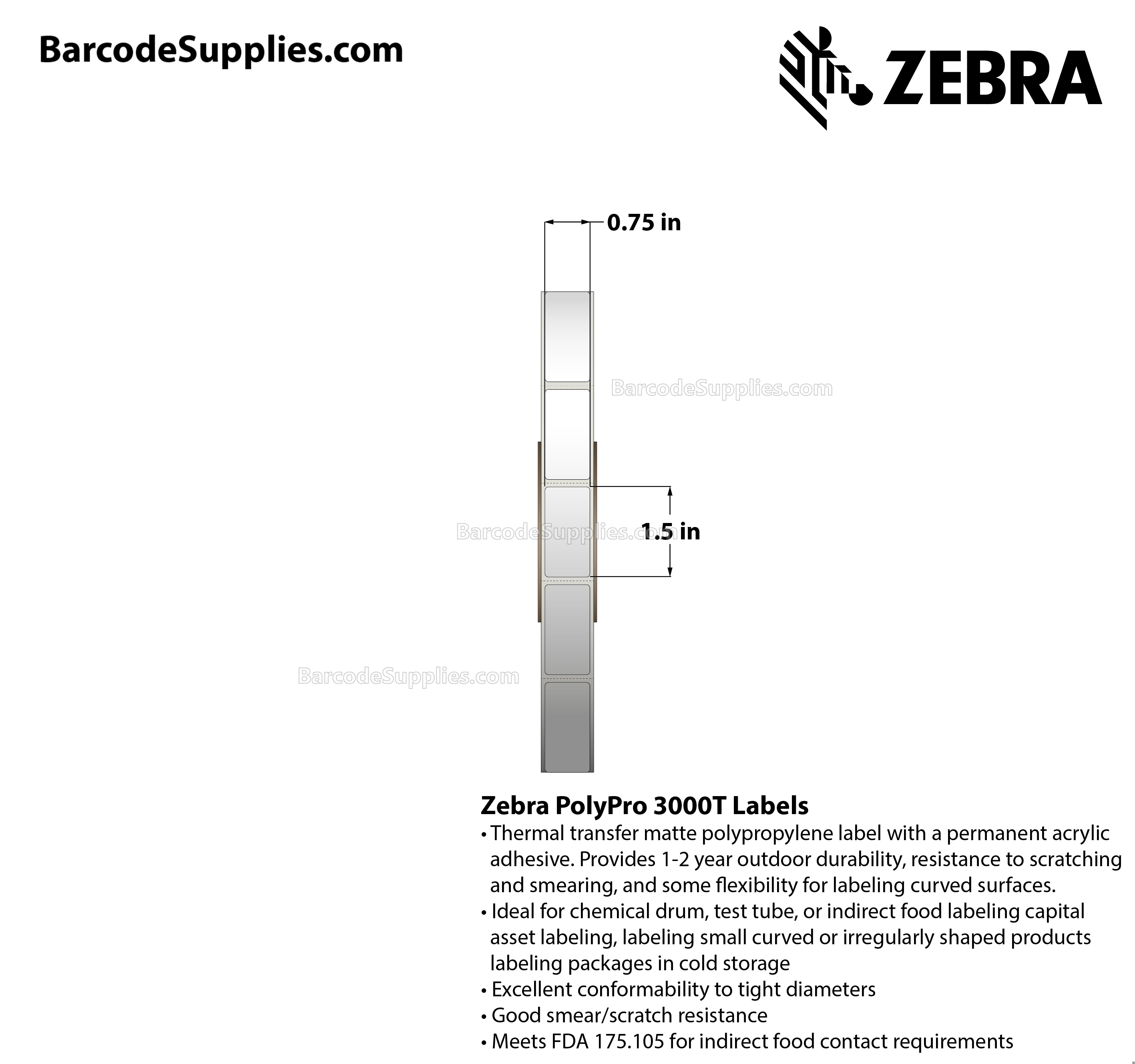 0.75 x 1.5 Thermal Transfer White PolyPro 3000T Labels With Permanent Adhesive - Perforated - 2000 Labels Per Roll - Carton Of 1 Rolls - 2000 Labels Total - MPN: 10023325