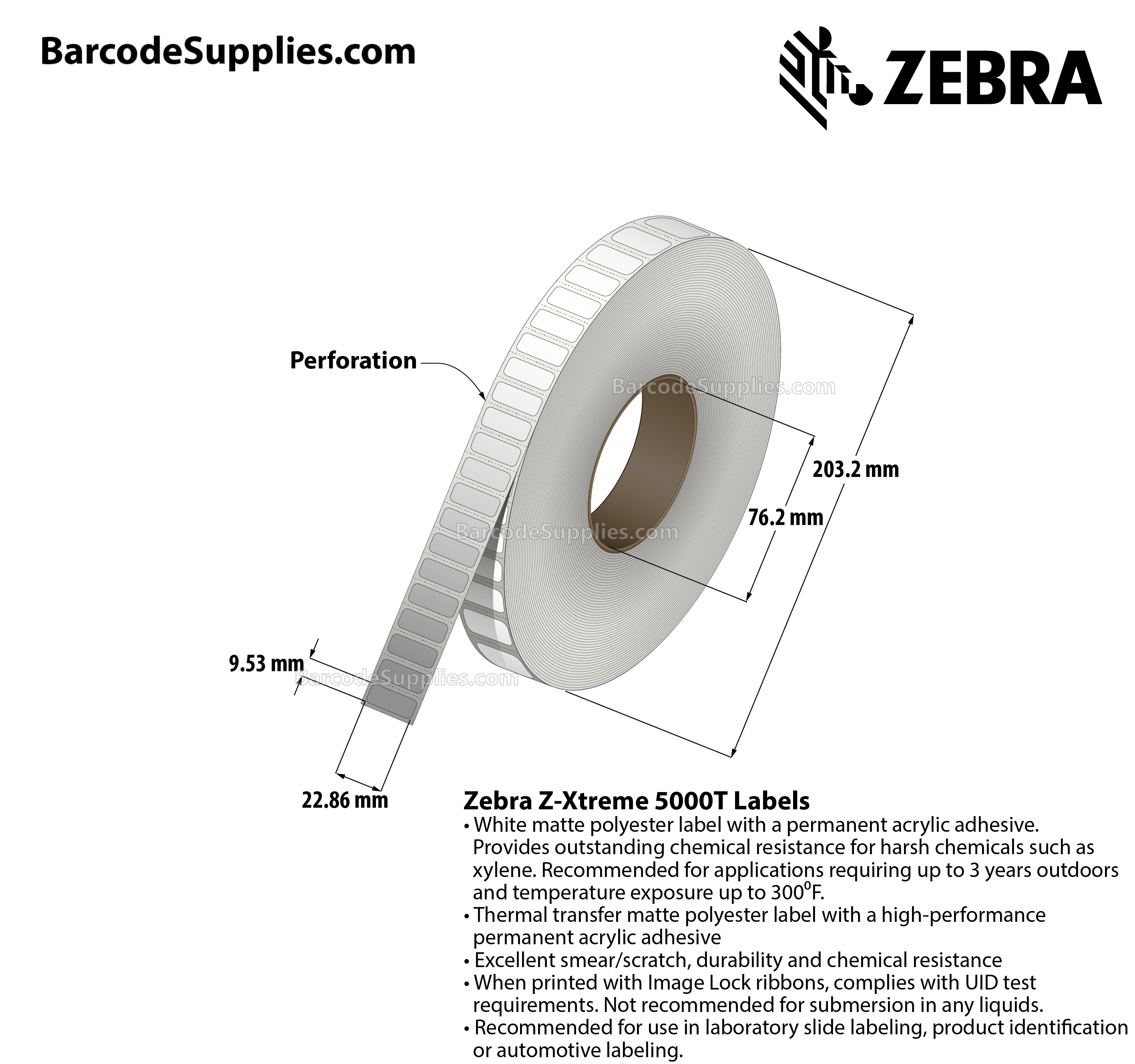 0.9 x 0.375 Thermal Transfer White Z-Xtreme 5000T Labels With Permanent Adhesive - Perforated - 3000 Labels Per Roll - Carton Of 1 Rolls - 3000 Labels Total - MPN: 10023247