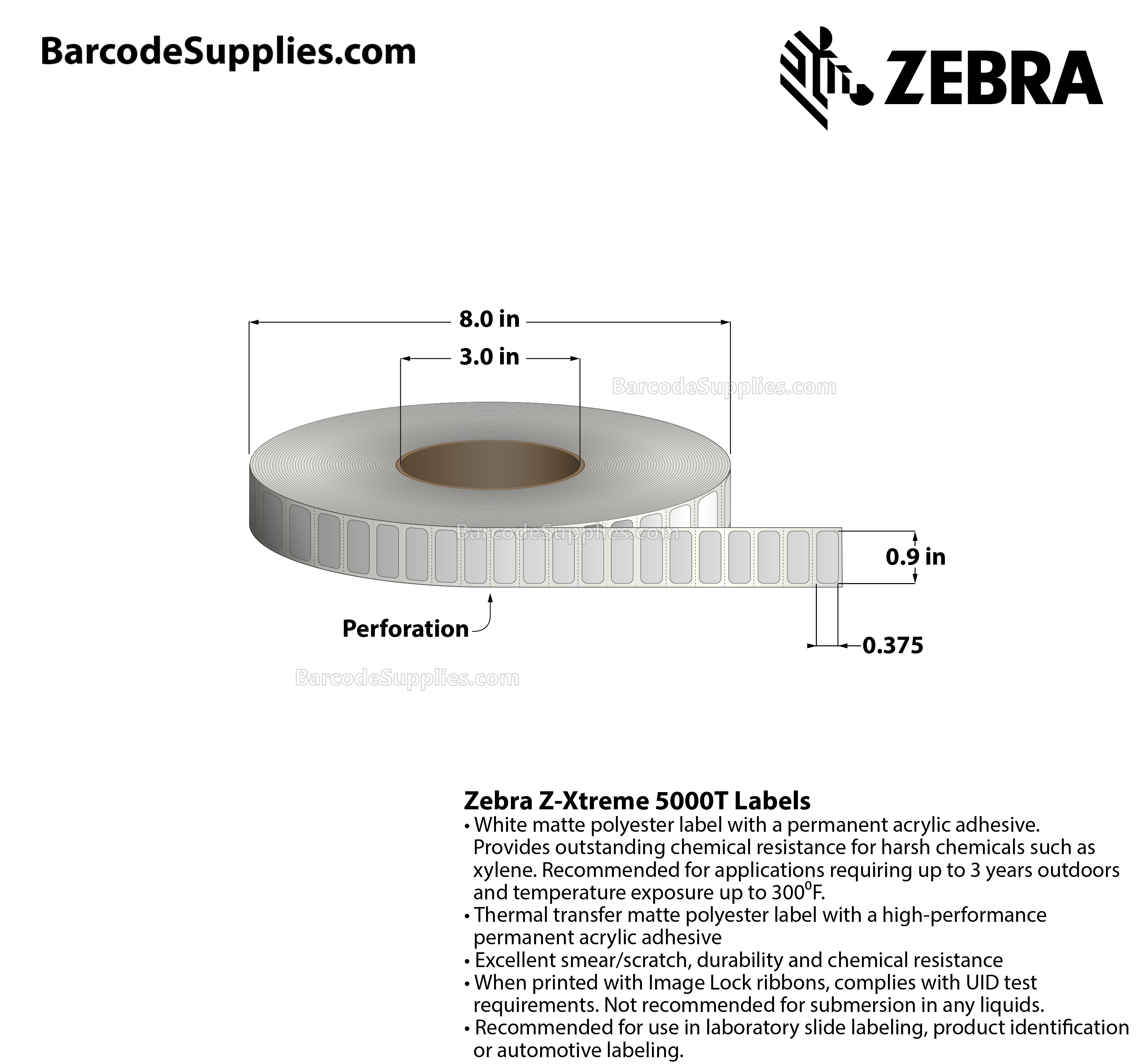 0.9 x 0.375 Thermal Transfer White Z-Xtreme 5000T Labels With Permanent Adhesive - Perforated - 3000 Labels Per Roll - Carton Of 1 Rolls - 3000 Labels Total - MPN: 10023247