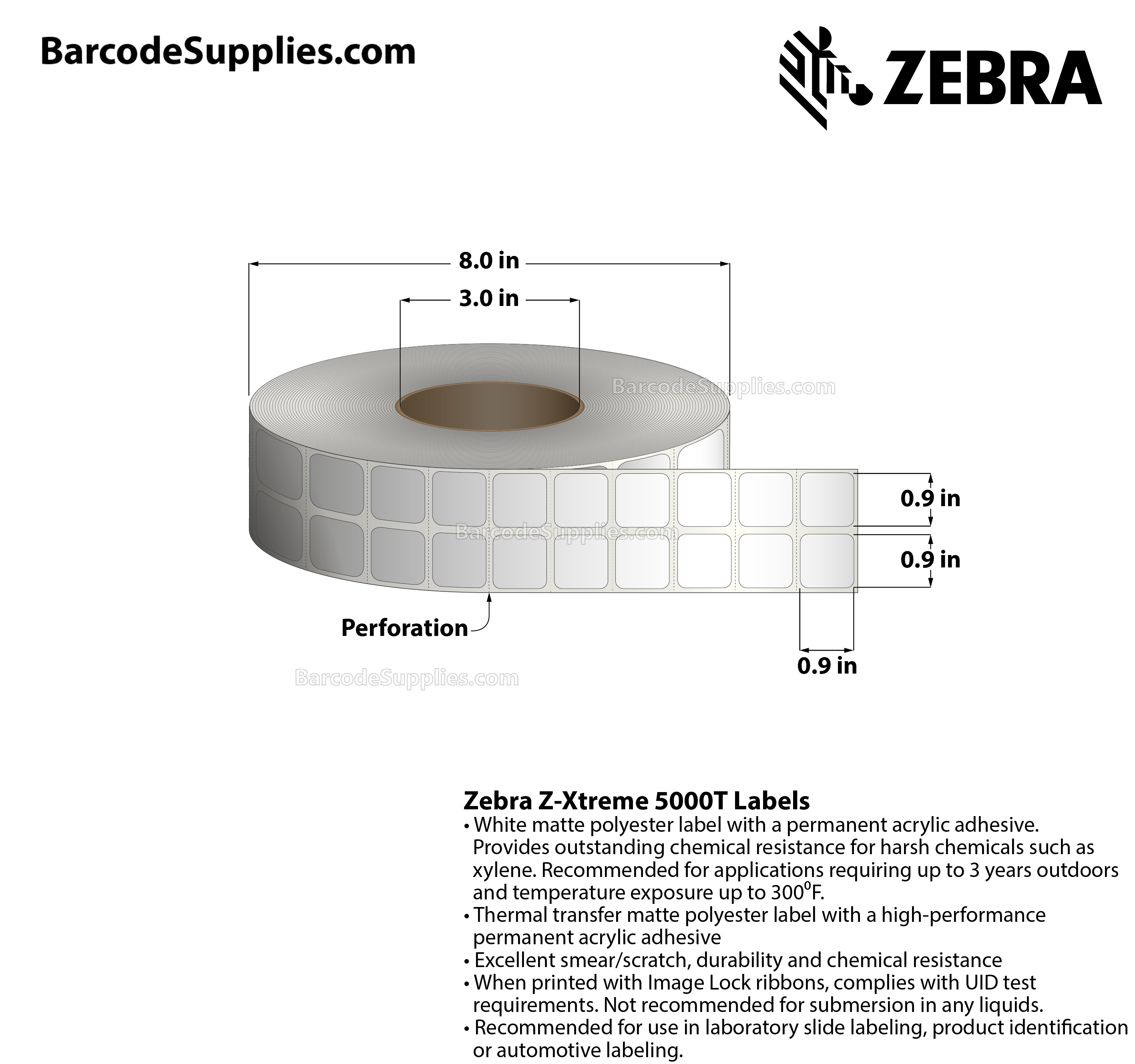 0.9 x 0.9 Thermal Transfer White Z-Xtreme 5000T (2-Across) Labels With Permanent Adhesive - Perforated - 3000 Labels Per Roll - Carton Of 1 Rolls - 3000 Labels Total - MPN: 10023251
