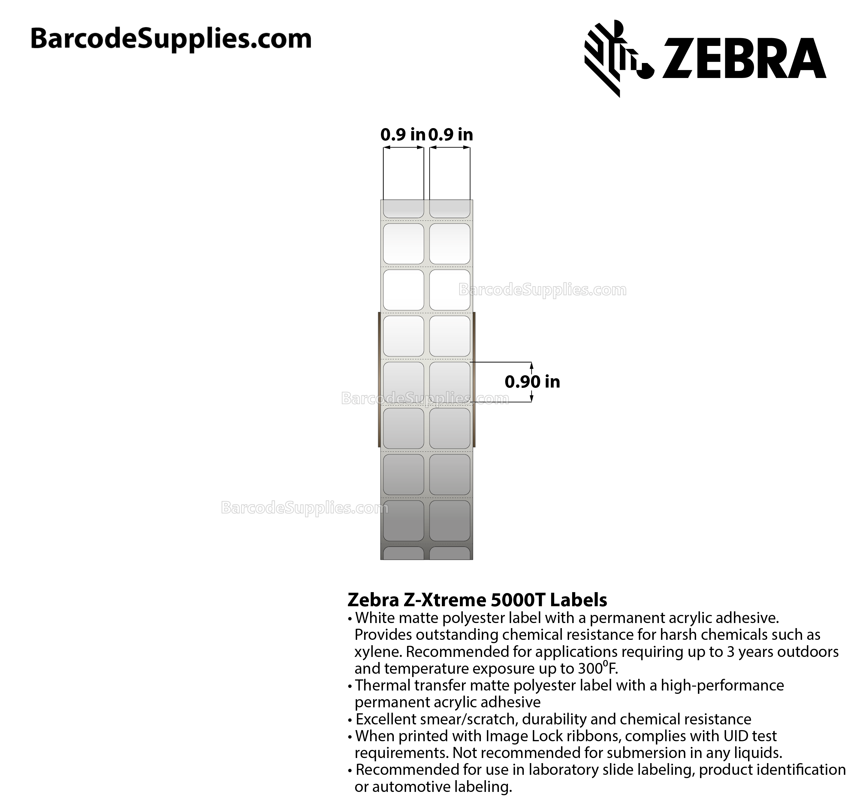 0.9 x 0.9 Thermal Transfer White Z-Xtreme 5000T (2-Across) Labels With Permanent Adhesive - Perforated - 3000 Labels Per Roll - Carton Of 1 Rolls - 3000 Labels Total - MPN: 10023251
