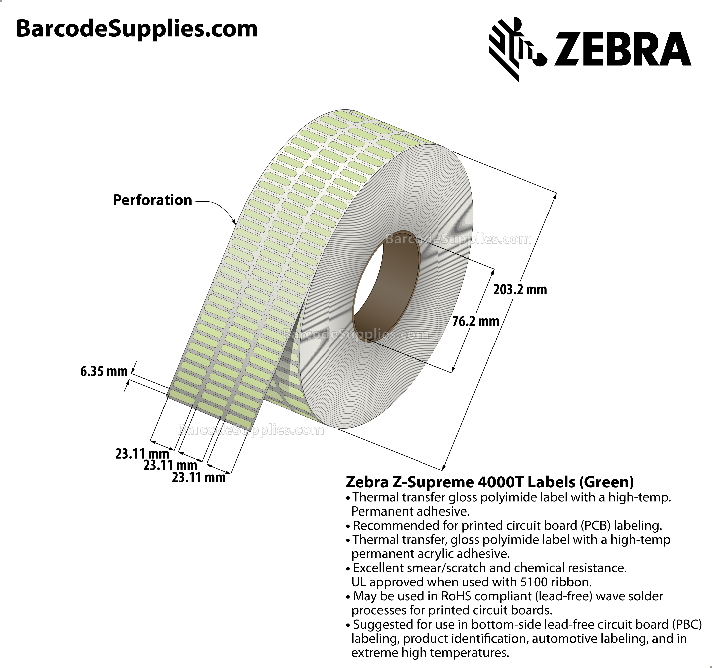 0.91 x 0.25 Thermal Transfer Green Z-Supreme 4000T Green (3-Across) Labels With High-temp Adhesive - Perforated - 10002 Labels Per Roll - Carton Of 1 Rolls - 10002 Labels Total - MPN: 10023315