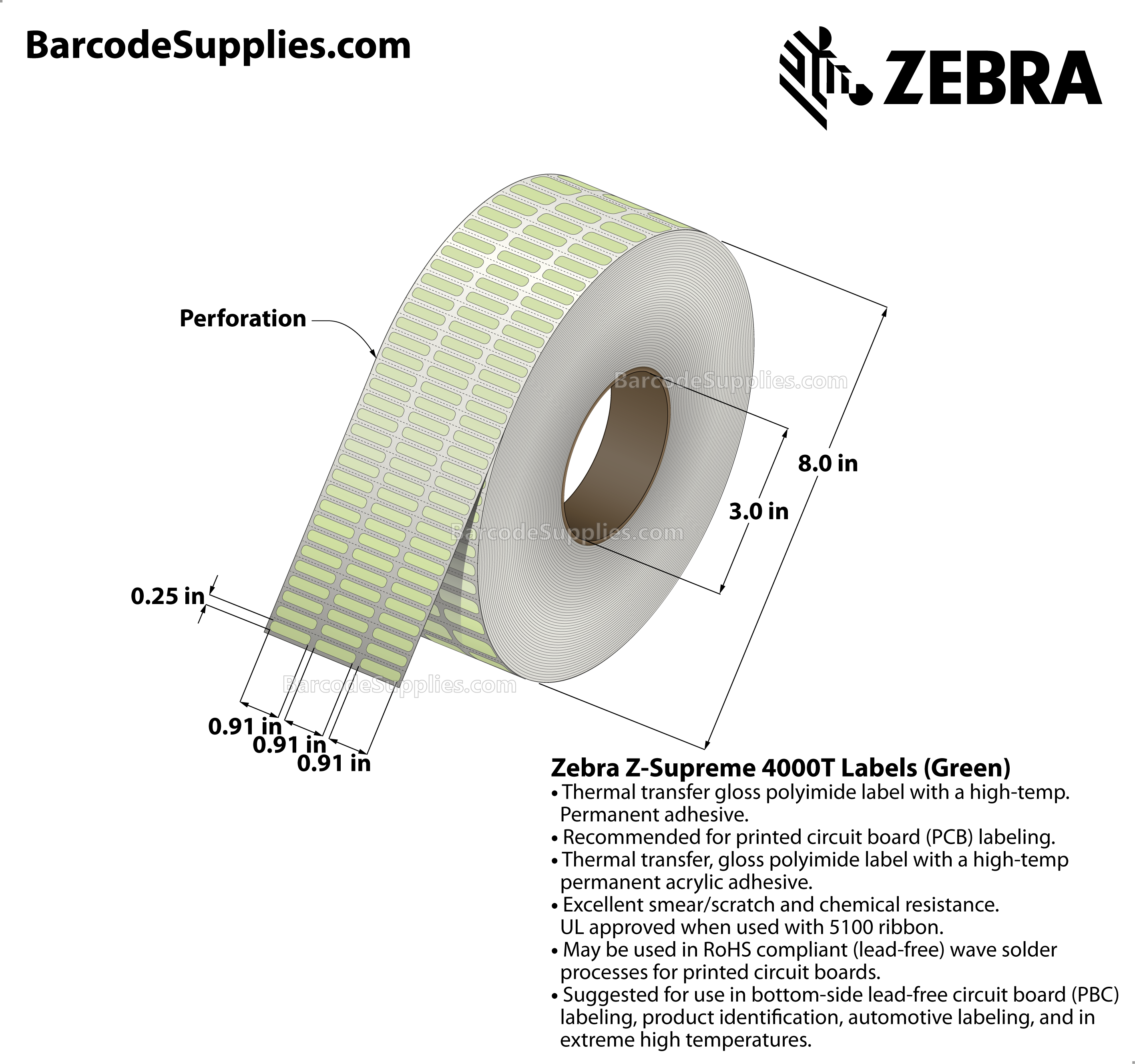 0.91 x 0.25 Thermal Transfer Green Z-Supreme 4000T Green (3-Across) Labels With High-temp Adhesive - Perforated - 10002 Labels Per Roll - Carton Of 1 Rolls - 10002 Labels Total - MPN: 10023315
