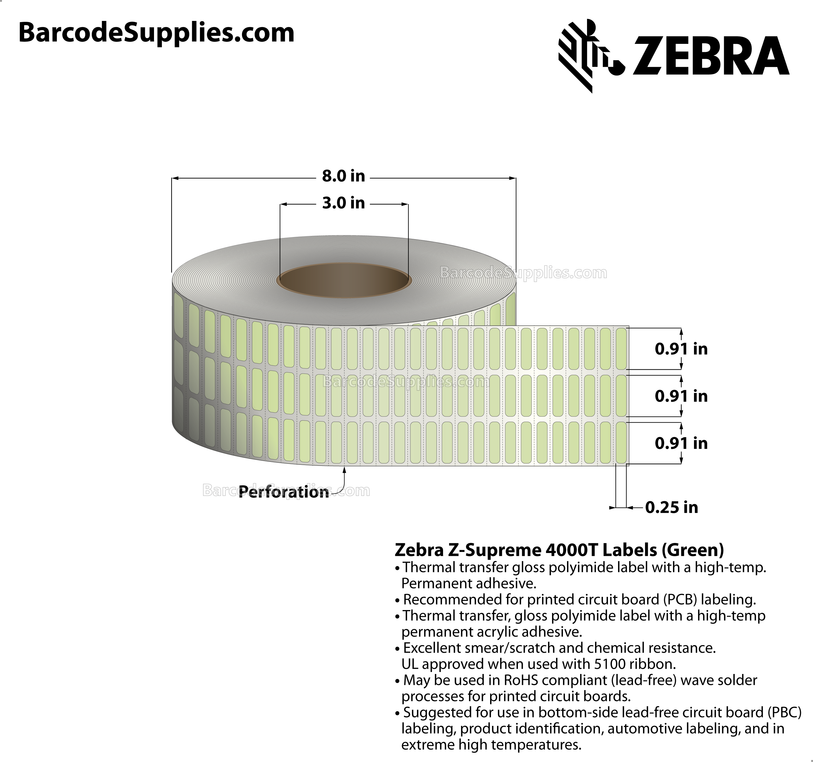 0.91 x 0.25 Thermal Transfer Green Z-Supreme 4000T Green (3-Across) Labels With High-temp Adhesive - Perforated - 10002 Labels Per Roll - Carton Of 1 Rolls - 10002 Labels Total - MPN: 10023315