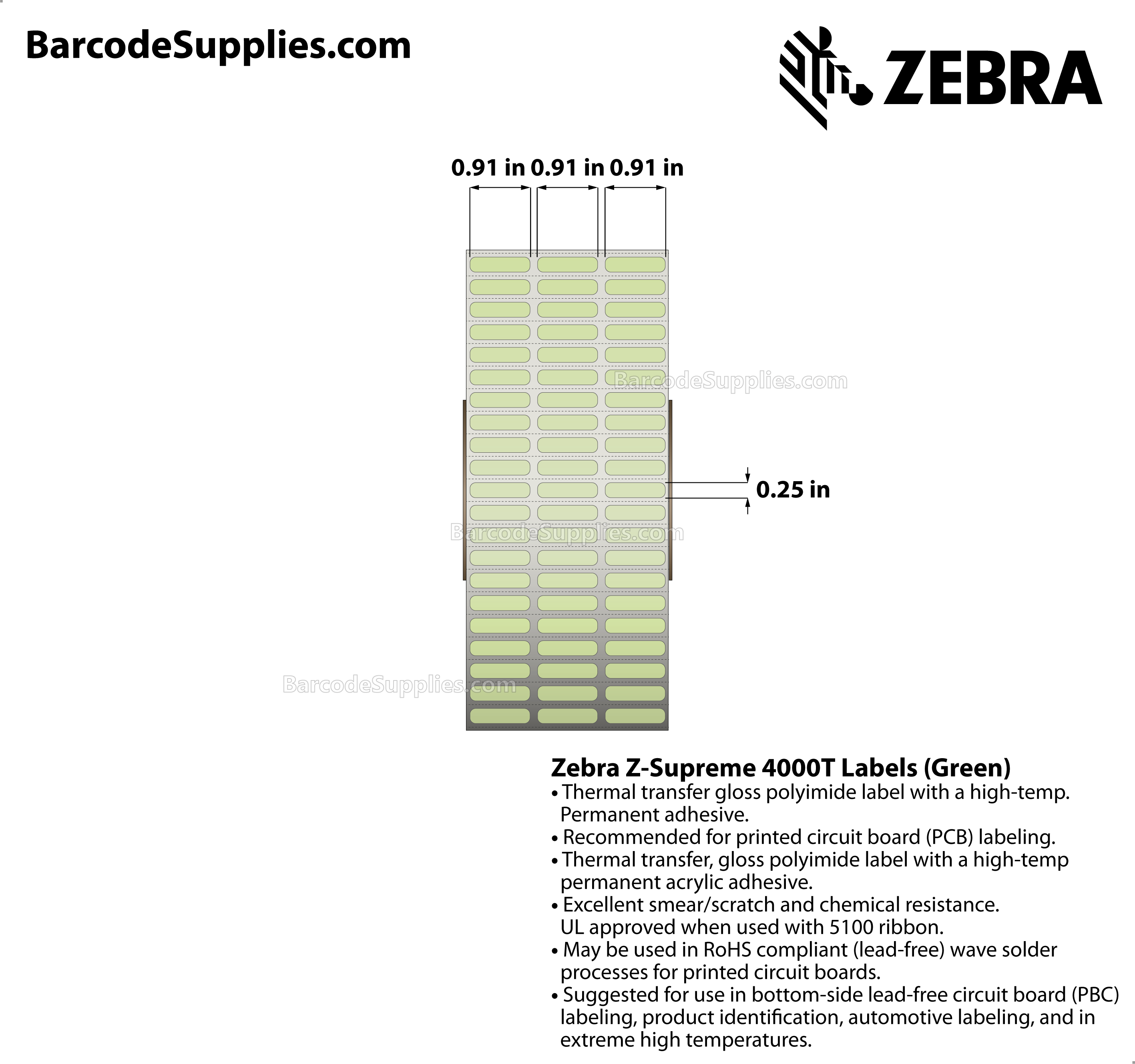 0.91 x 0.25 Thermal Transfer Green Z-Supreme 4000T Green (3-Across) Labels With High-temp Adhesive - Perforated - 10002 Labels Per Roll - Carton Of 1 Rolls - 10002 Labels Total - MPN: 10023315