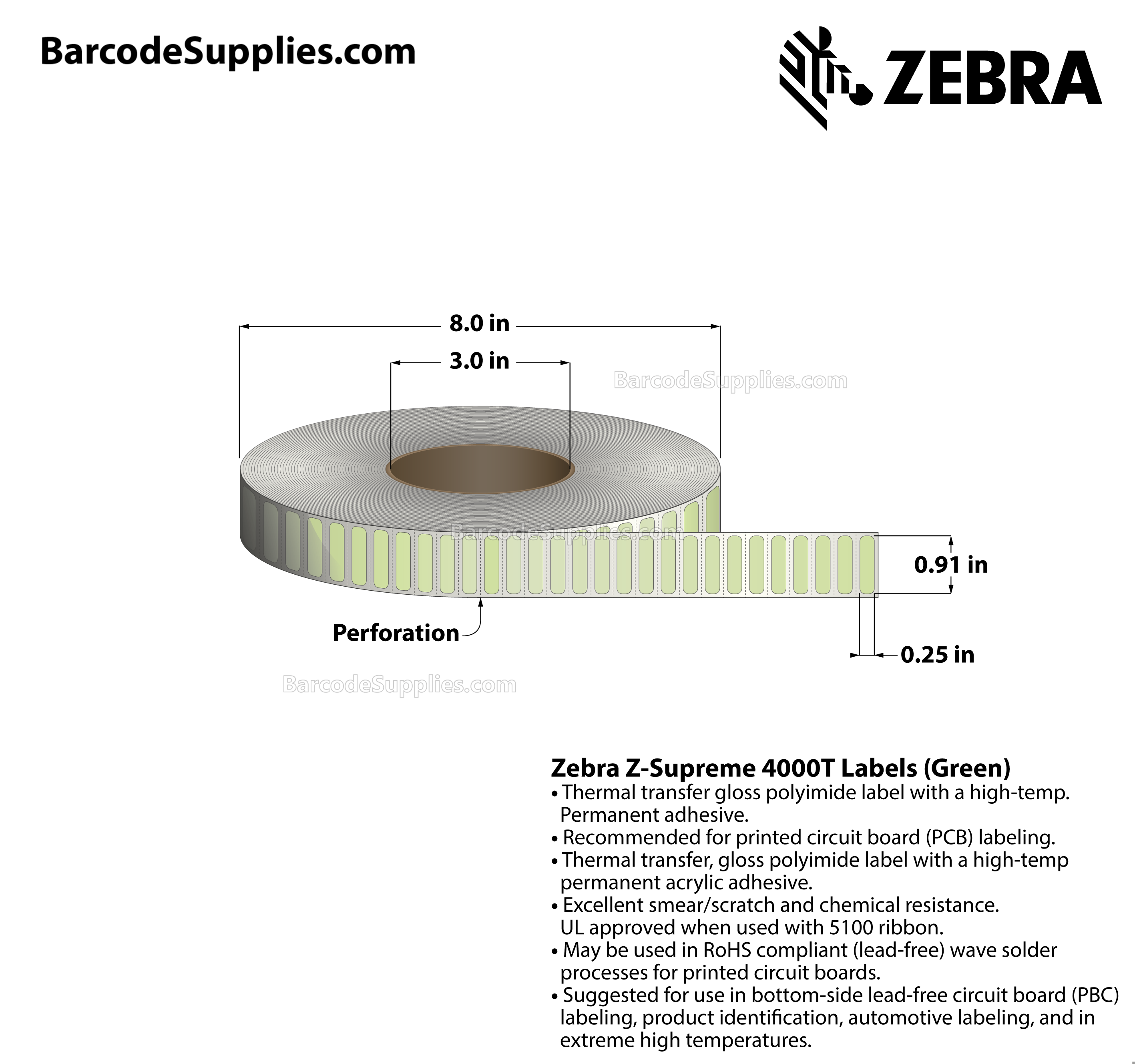 0.91 x 0.25 Thermal Transfer Green Z-Supreme 4000T Green Labels With High-temp Adhesive - Perforated - 10000 Labels Per Roll - Carton Of 1 Rolls - 10000 Labels Total - MPN: 10023314