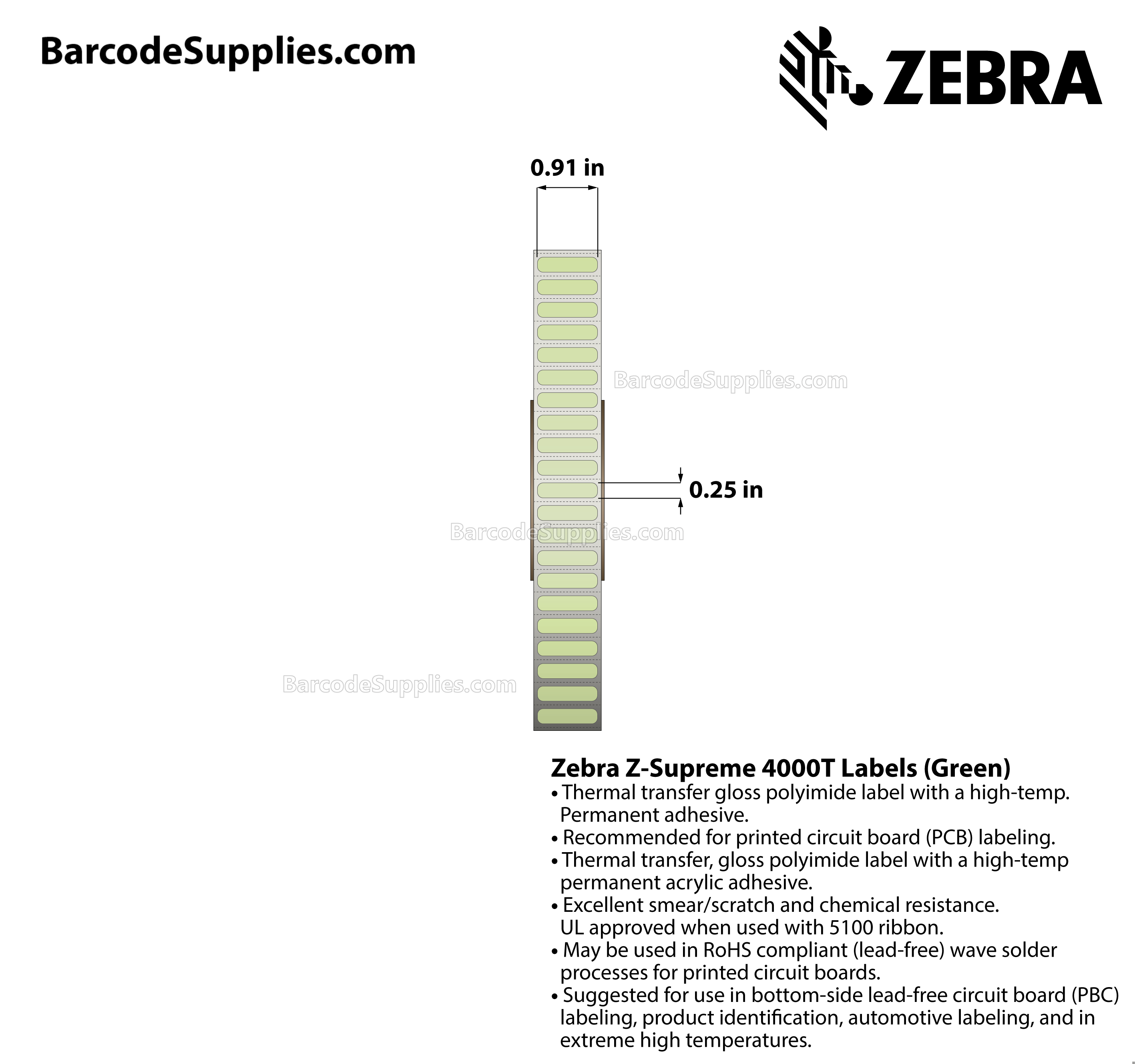 0.91 x 0.25 Thermal Transfer Green Z-Supreme 4000T Green Labels With High-temp Adhesive - Perforated - 10000 Labels Per Roll - Carton Of 1 Rolls - 10000 Labels Total - MPN: 10023314