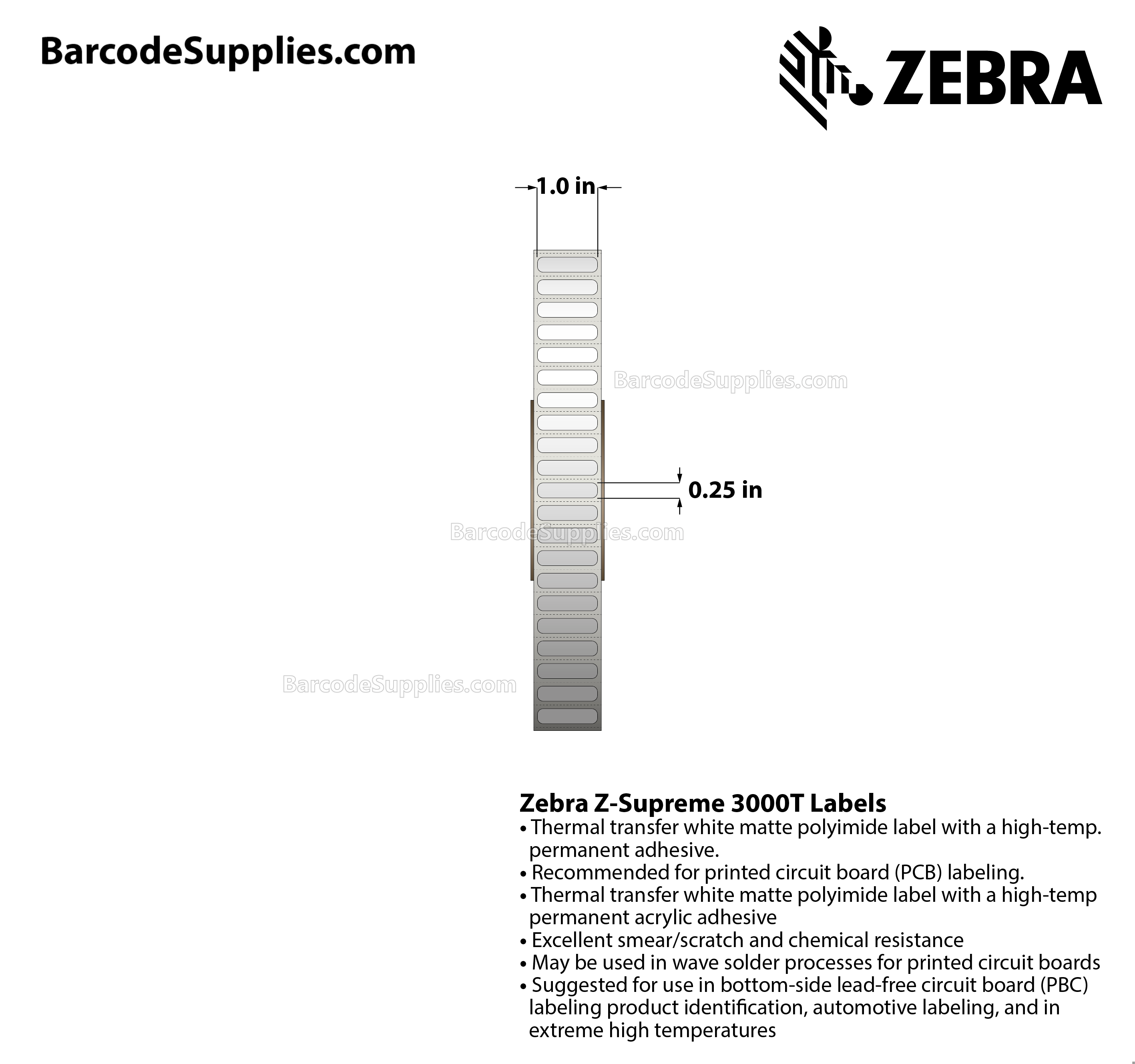 1 x 0.25 Thermal Transfer White Z-Supreme 3000T Labels With High-temp Adhesive - Perforated - 10000 Labels Per Roll - Carton Of 1 Rolls - 10000 Labels Total - MPN: 10023304