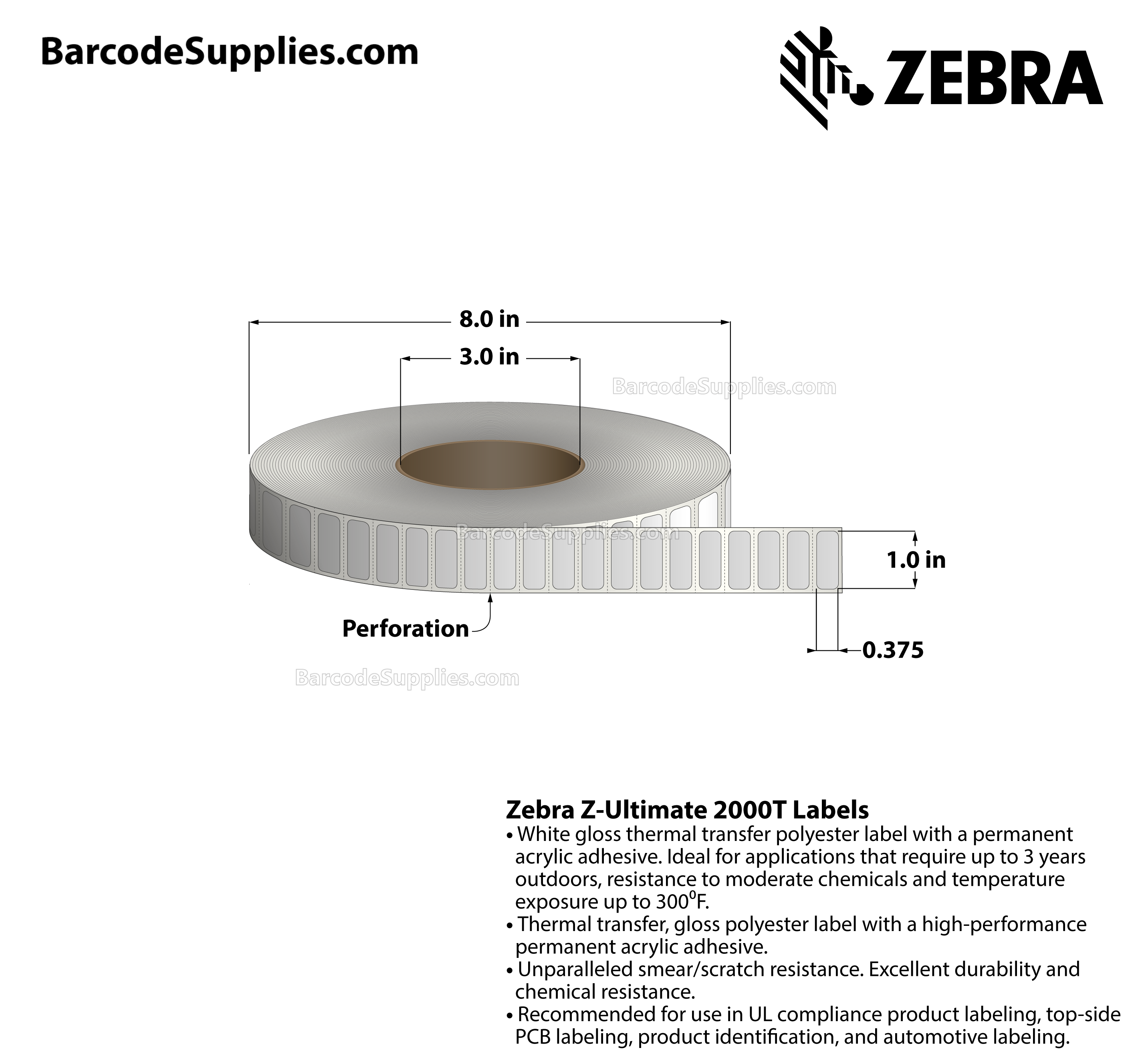 1 x 0.375 Thermal Transfer White Z-Ultimate 2000T Labels With Permanent Adhesive - Perforated - 10000 Labels Per Roll - Carton Of 1 Rolls - 10000 Labels Total - MPN: 10023011