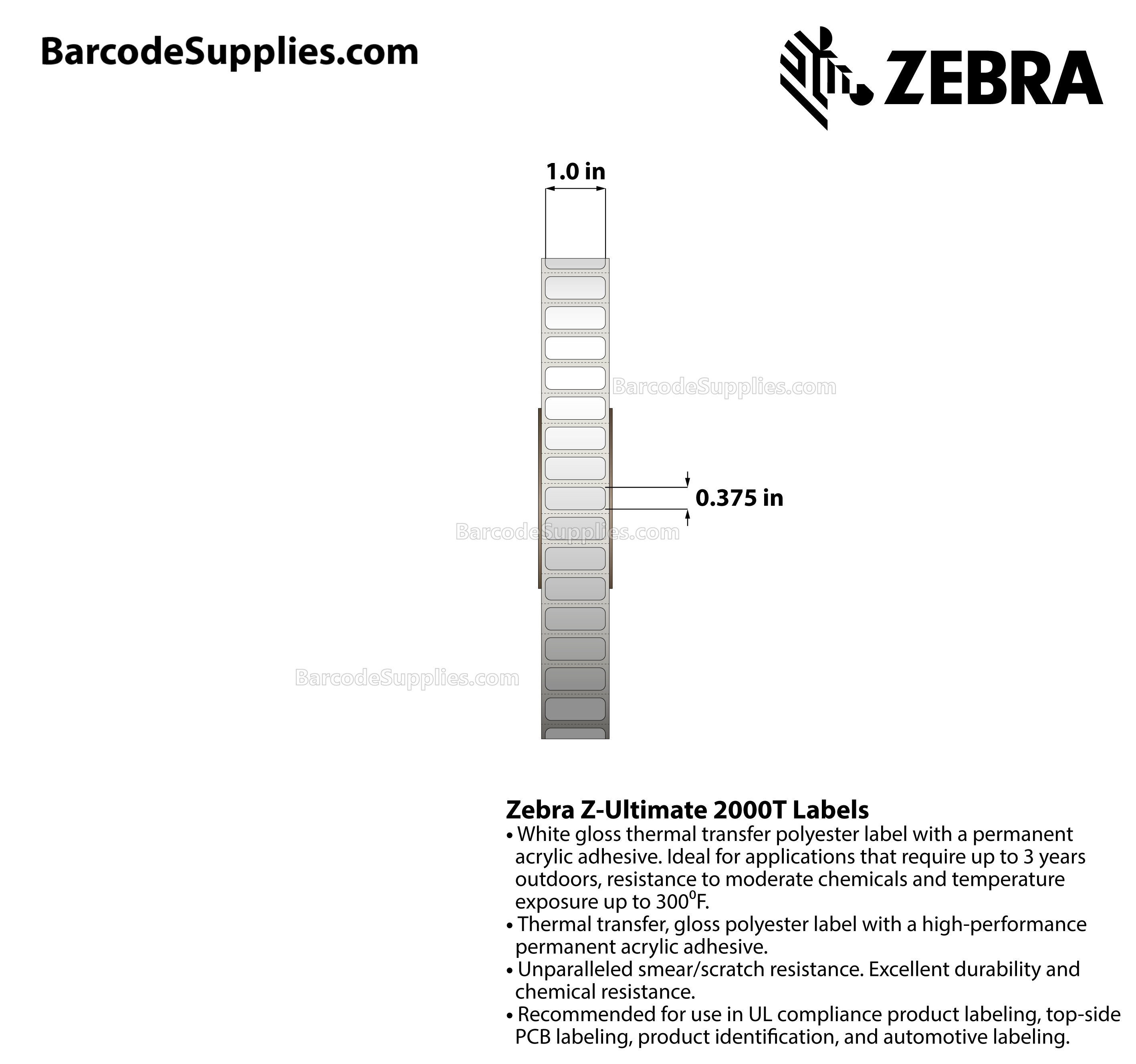 1 x 0.375 Thermal Transfer White Z-Ultimate 2000T Labels With Permanent Adhesive - Perforated - 10000 Labels Per Roll - Carton Of 1 Rolls - 10000 Labels Total - MPN: 10023011