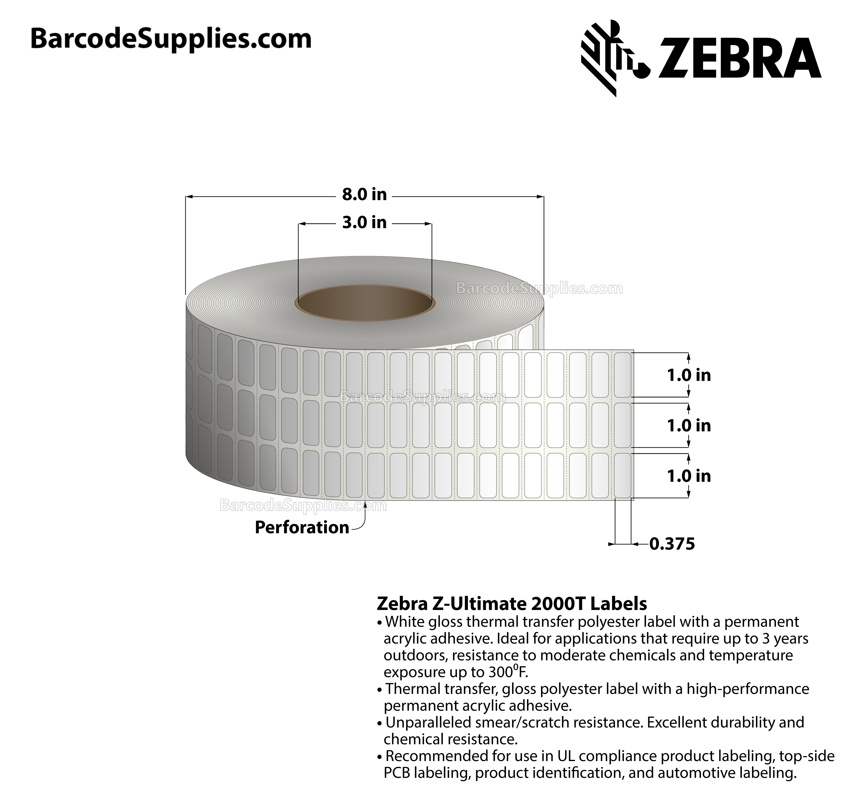 Products 1 x 0.375 Thermal Transfer White Z-Ultimate 2000T (3-Across) Labels With Permanent Adhesive - Perforated - 10002 Labels Per Roll - Carton Of 4 Rolls - 40008 Labels Total - MPN: 10011976