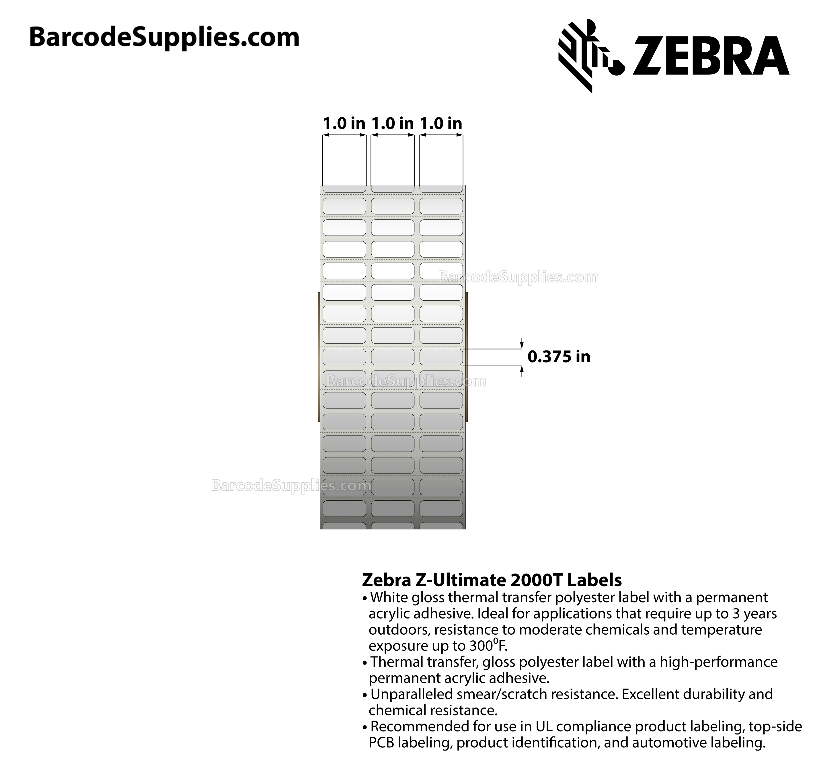Products 1 x 0.375 Thermal Transfer White Z-Ultimate 2000T (3-Across) Labels With Permanent Adhesive - Perforated - 10002 Labels Per Roll - Carton Of 4 Rolls - 40008 Labels Total - MPN: 10011976