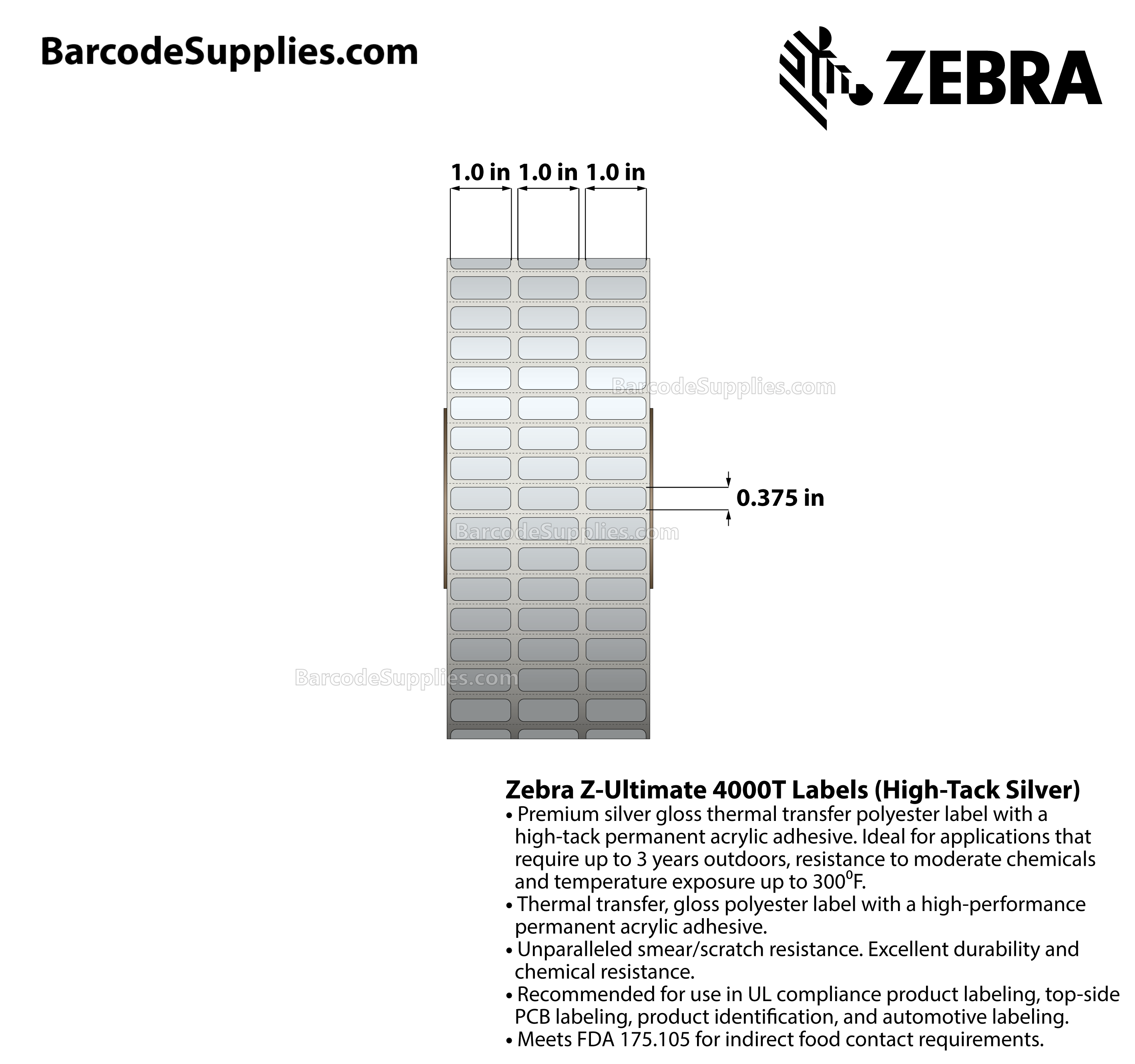1 x 0.375 Thermal Transfer Silver Z-Ultimate 4000T High-Tack Silver (3-Across) Labels With High-tack Adhesive - Perforated - 10002 Labels Per Roll - Carton Of 1 Rolls - 10002 Labels Total - MPN: 10021222