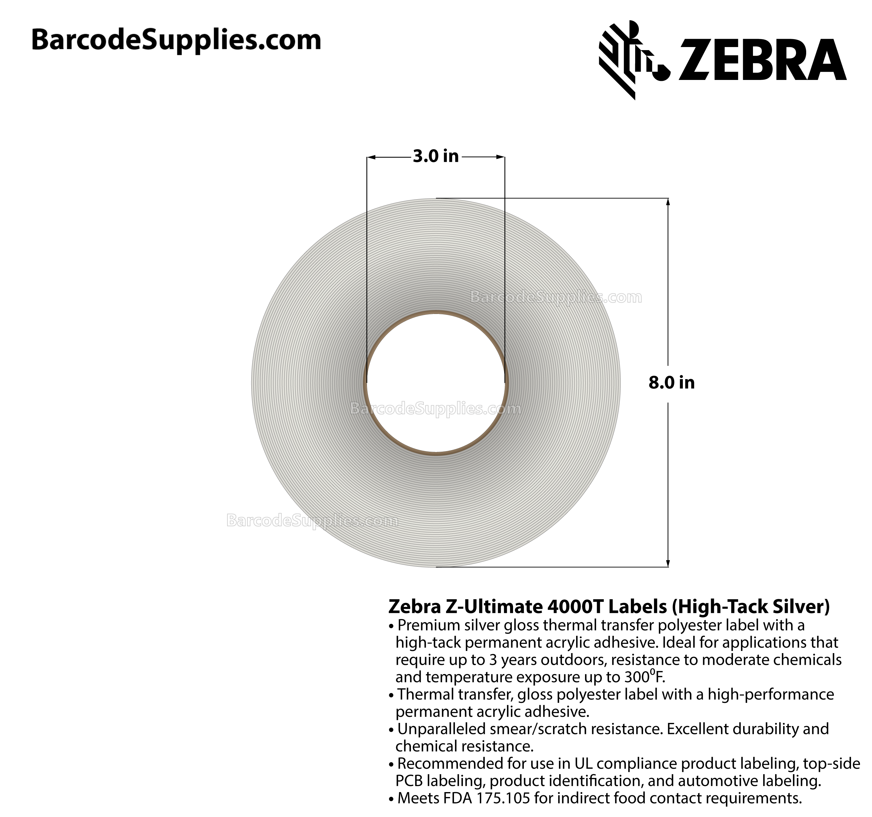 1 x 0.375 Thermal Transfer Silver Z-Ultimate 4000T High-Tack Silver (3-Across) Labels With High-tack Adhesive - Perforated - 10002 Labels Per Roll - Carton Of 1 Rolls - 10002 Labels Total - MPN: 10021222
