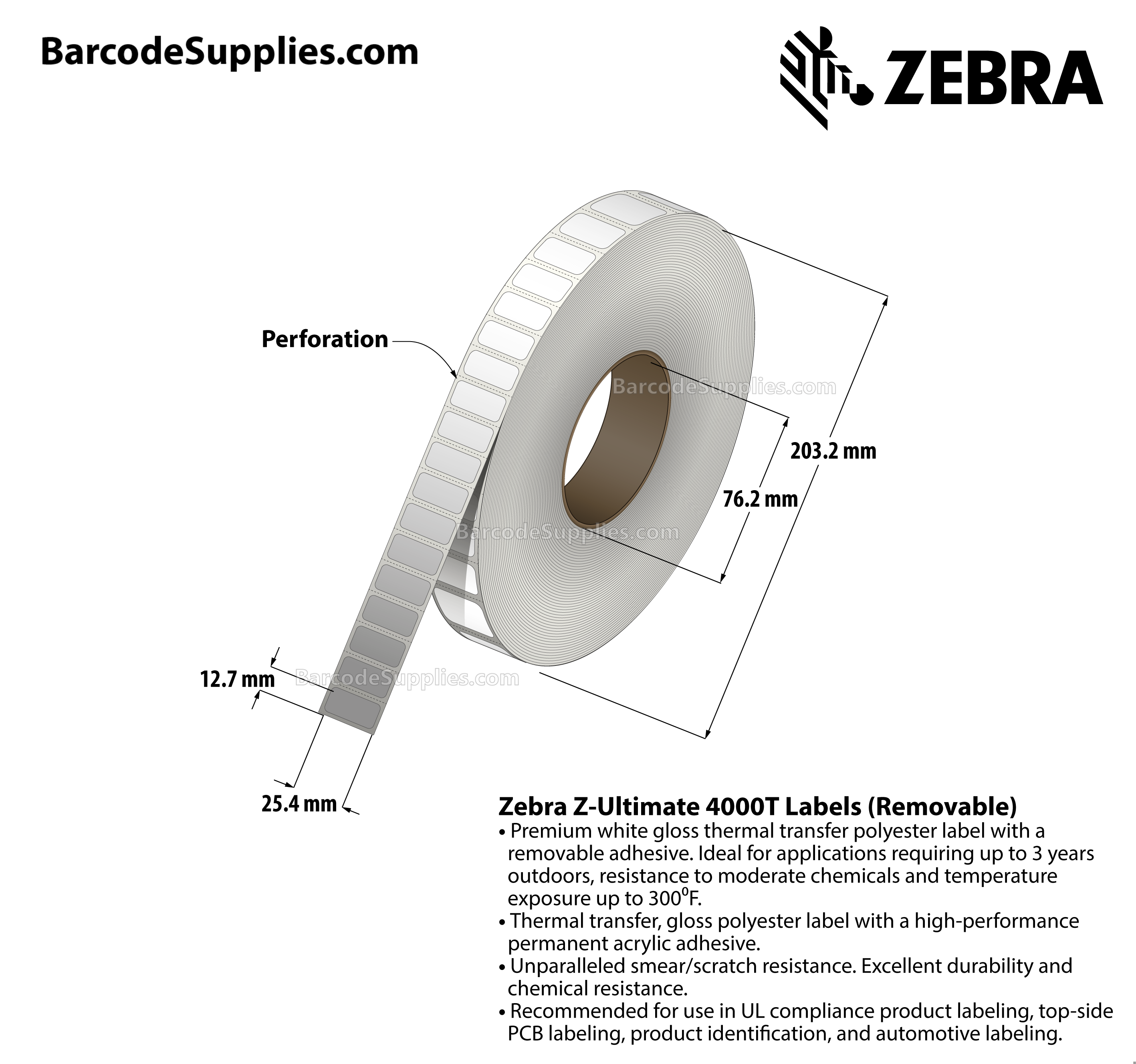 1 x 0.5 Thermal Transfer White Z-Ultimate 4000T Removable Labels With Removable Adhesive - Perforated - 10000 Labels Per Roll - Carton Of 1 Rolls - 10000 Labels Total - MPN: 10023362