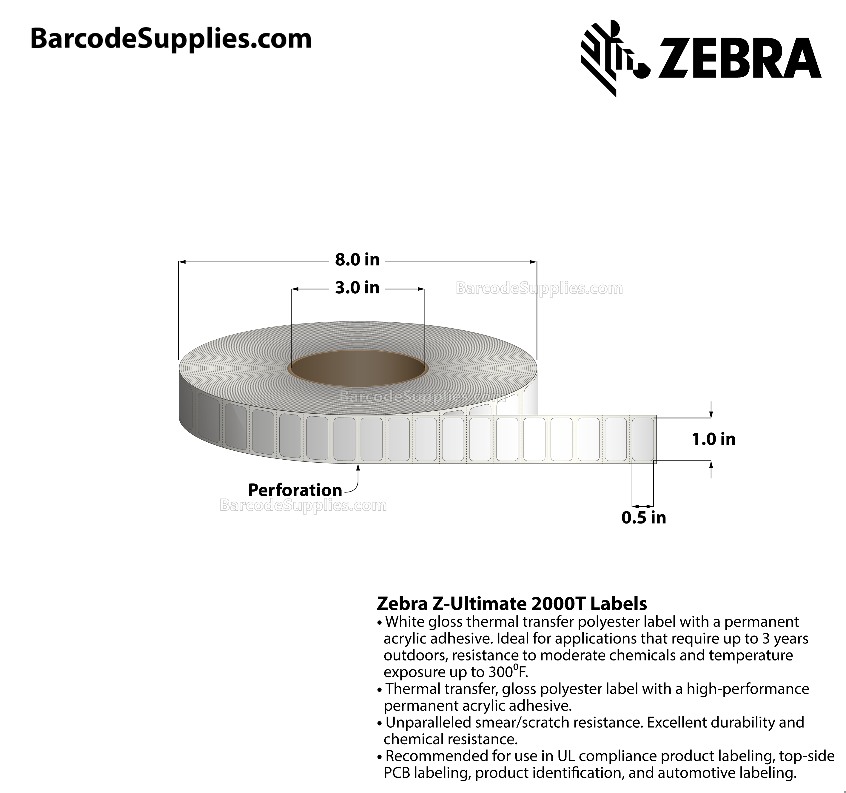 1 x 0.5 Thermal Transfer White Z-Ultimate 2000T Labels With Permanent Adhesive - Perforated - 9420 Labels Per Roll - Carton Of 4 Rolls - 37680 Labels Total - MPN: 10008510