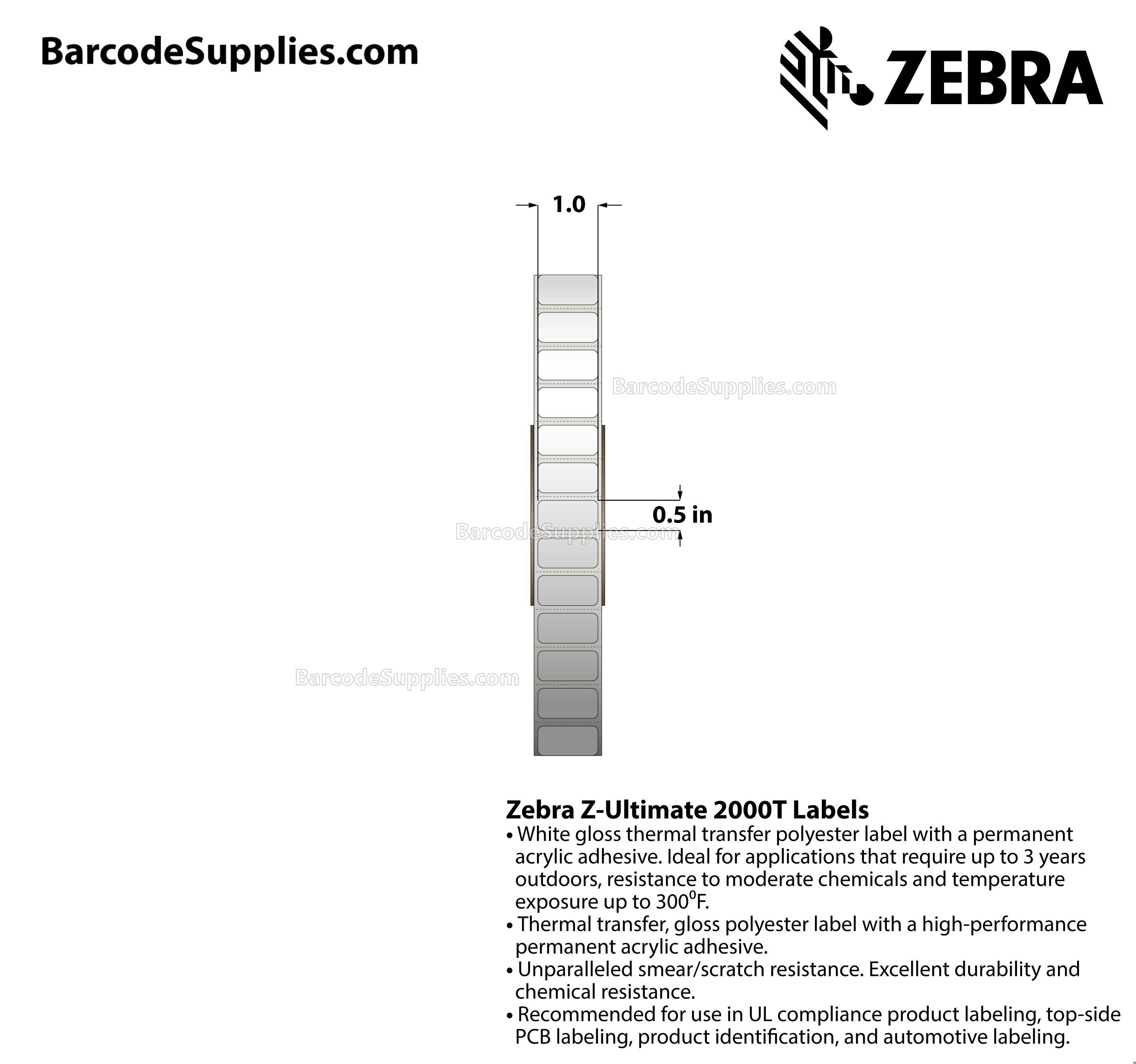 1 x 0.5 Thermal Transfer White Z-Ultimate 2000T Labels With Permanent Adhesive - Perforated - 9420 Labels Per Roll - Carton Of 4 Rolls - 37680 Labels Total - MPN: 10008510