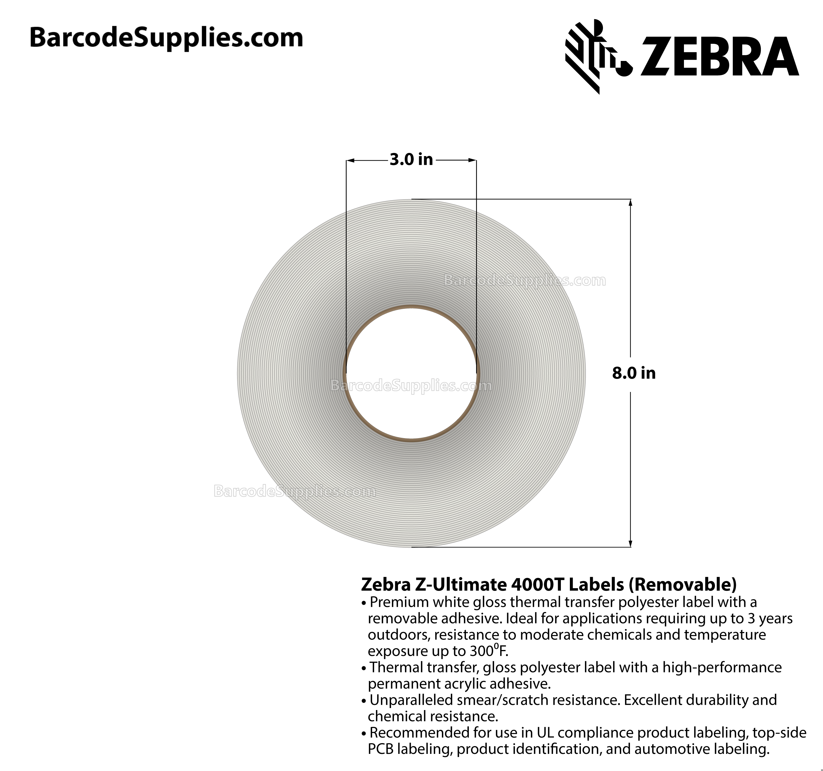 1 x 0.5 Thermal Transfer White Z-Ultimate 4000T Removable Labels With Removable Adhesive - Perforated - 10000 Labels Per Roll - Carton Of 1 Rolls - 10000 Labels Total - MPN: 10023362