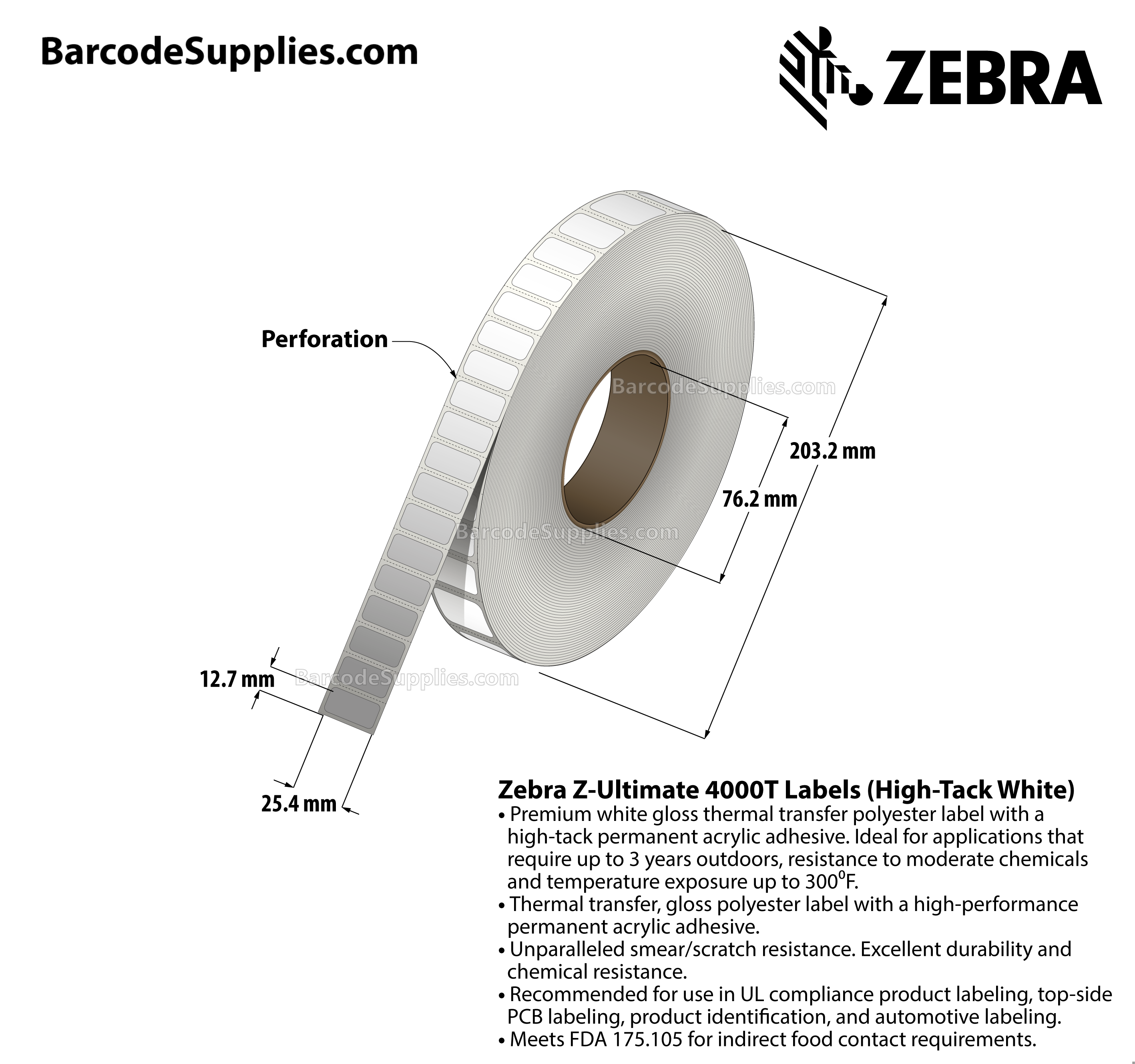 1 x 0.5 Thermal Transfer White Z-Ultimate 4000T High-Tack White Labels With High-tack Adhesive - Perforated - 7770 Labels Per Roll - Carton Of 1 Rolls - 7770 Labels Total - MPN: 10023050